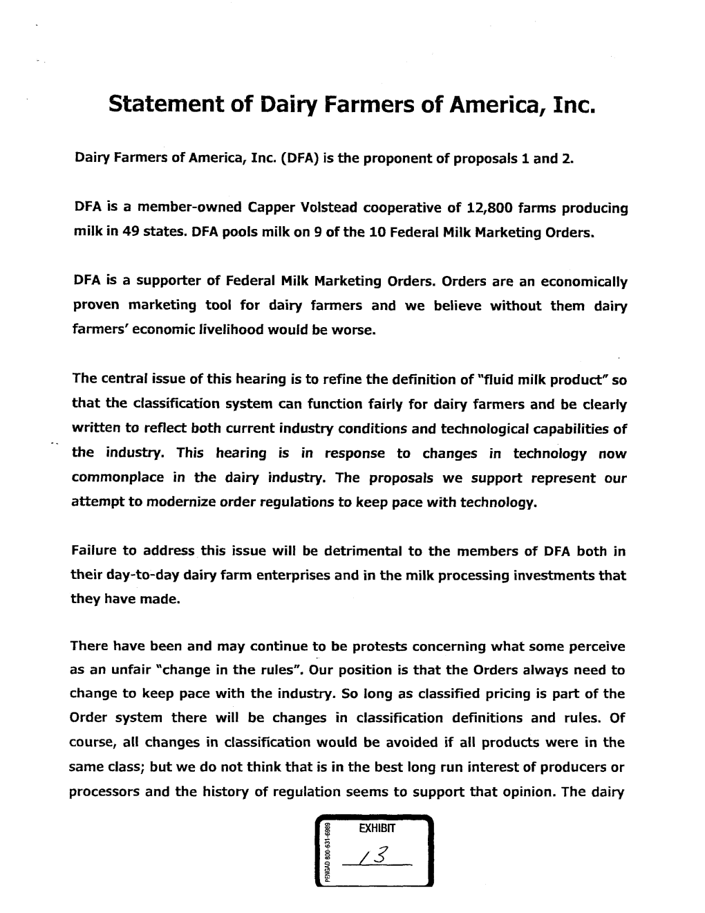 Statement of Dairy Farmers of America, Inc