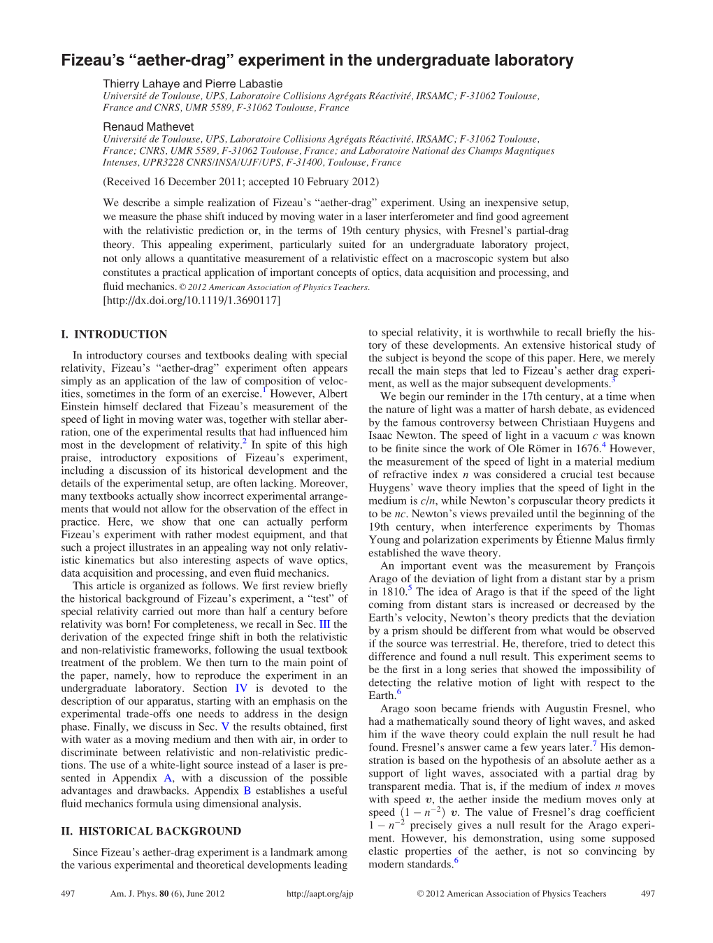 Fizeau's “Aether-Drag” Experiment in the Undergraduate Laboratory