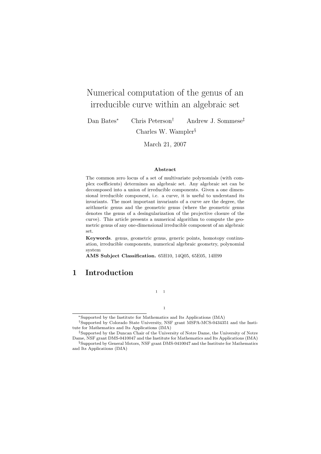 Numerical Computation of the Genus of an Irreducible Curve Within an Algebraic Set