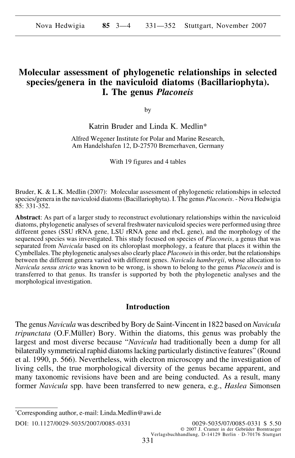 Molecular Assessment of Phylogenetic Relationships in Selected Species/Genera in the Naviculoid Diatoms (Bacillariophyta)