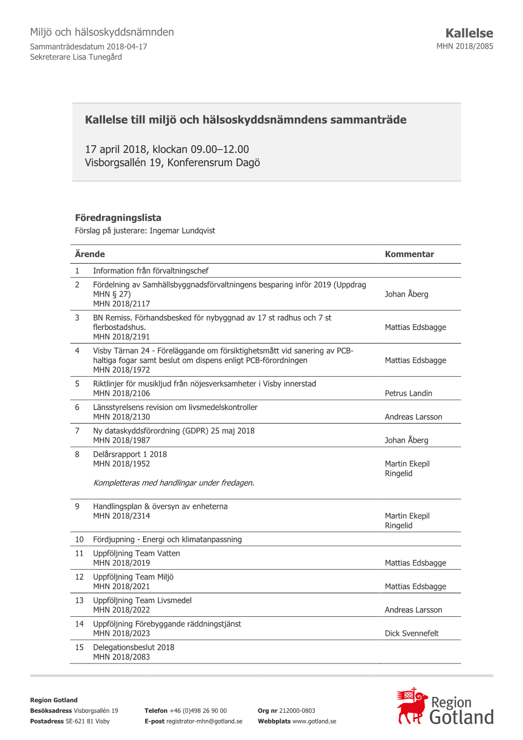 Kallelse Miljö- Och Hälsoskyddsnämnden 2018-04-17