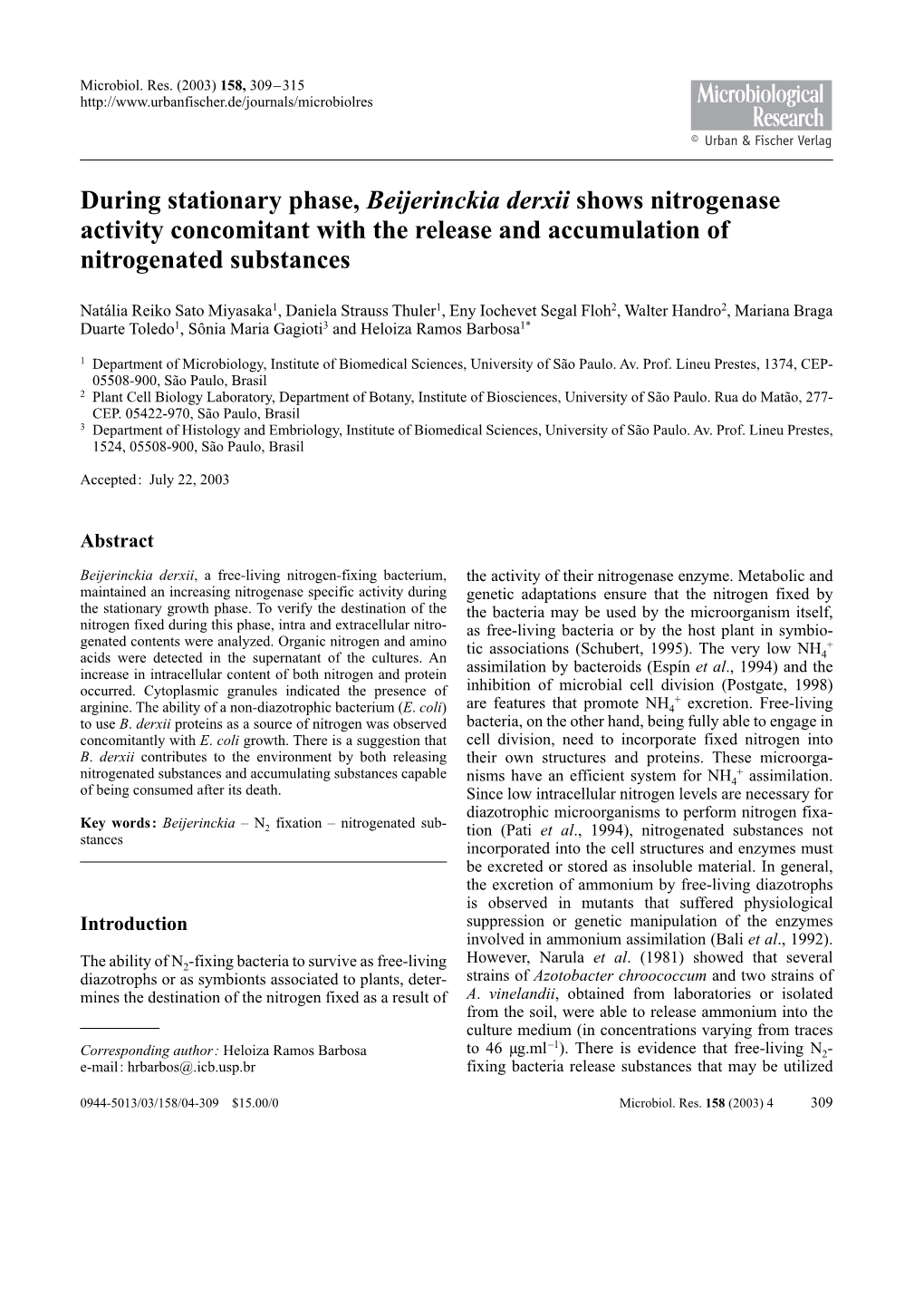 During Stationary Phase, Beijerinckia Derxii Shows Nitrogenase Activity Concomitant with the Release and Accumulation of Nitrogenated Substances