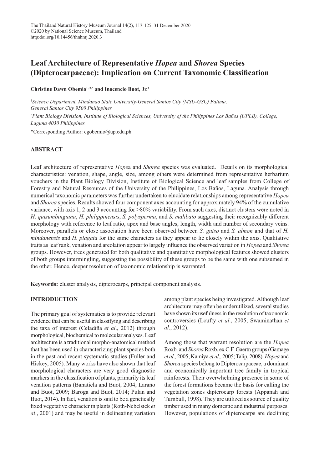 Leaf Architecture of Representative Hopea and Shorea Species (Dipterocarpaceae): Implication on Current Taxonomic Classification