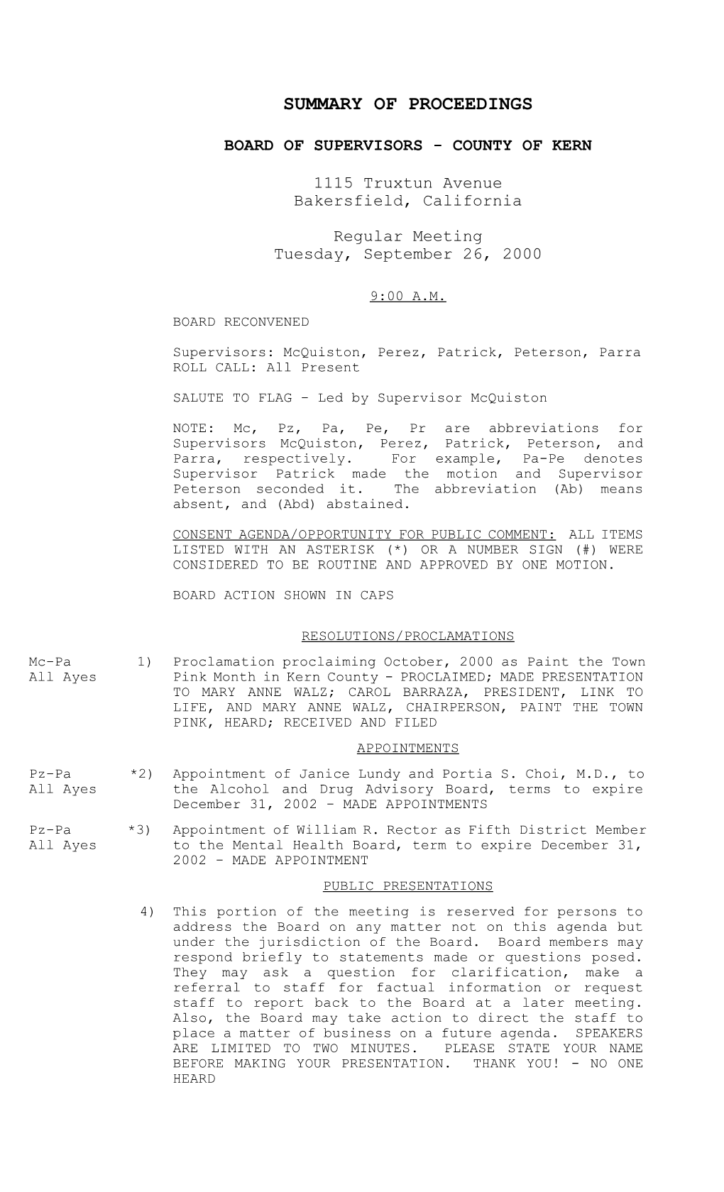 Kern County Board of Supervisors Summary of Proceedings