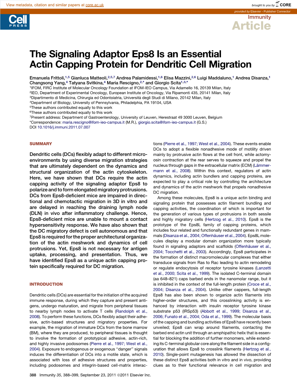 The Signaling Adaptor Eps8 Is an Essential Actin Capping Protein for Dendritic Cell Migration