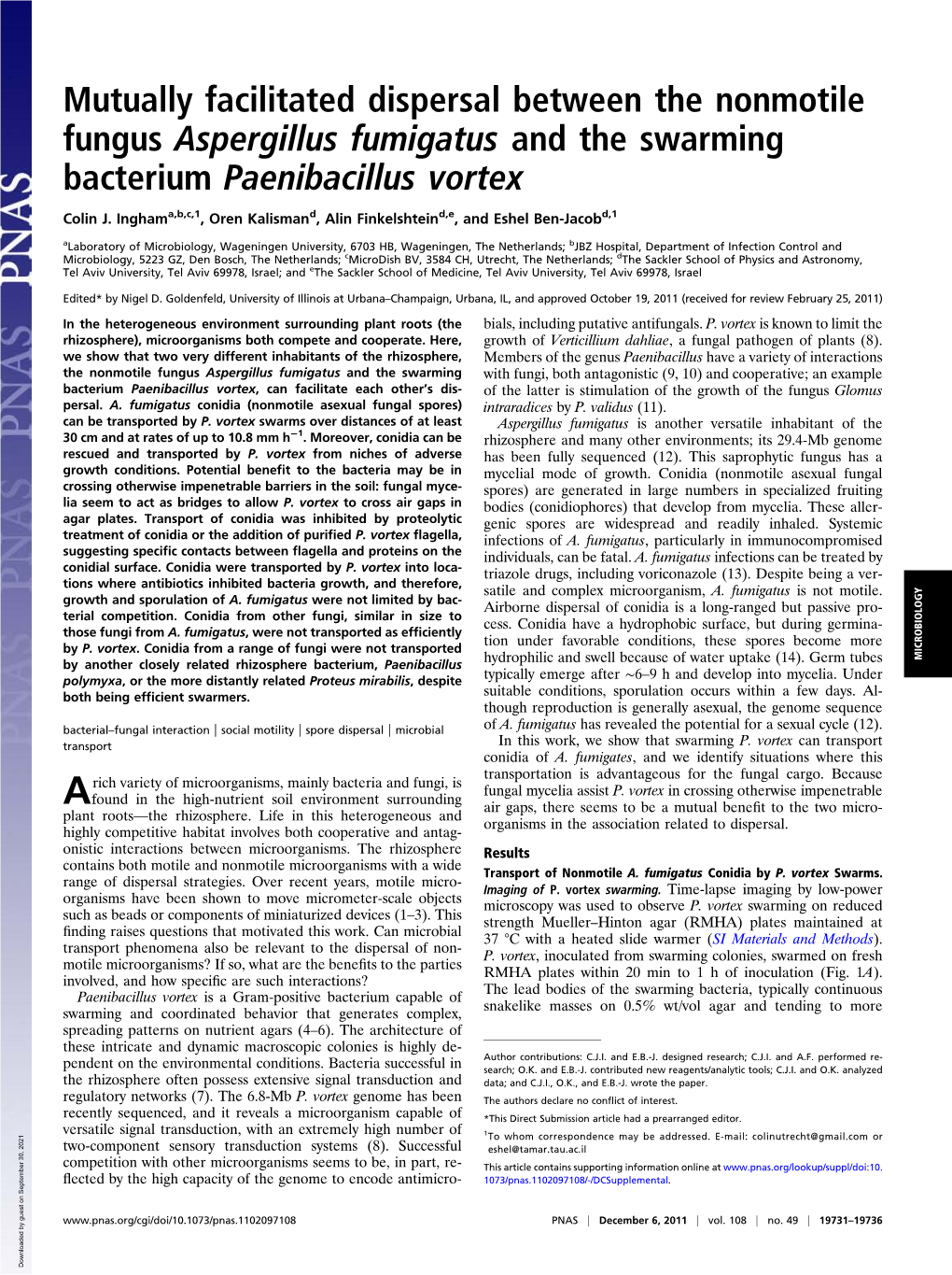 Mutually Facilitated Dispersal Between the Nonmotile Fungus Aspergillus Fumigatus and the Swarming Bacterium Paenibacillus Vortex