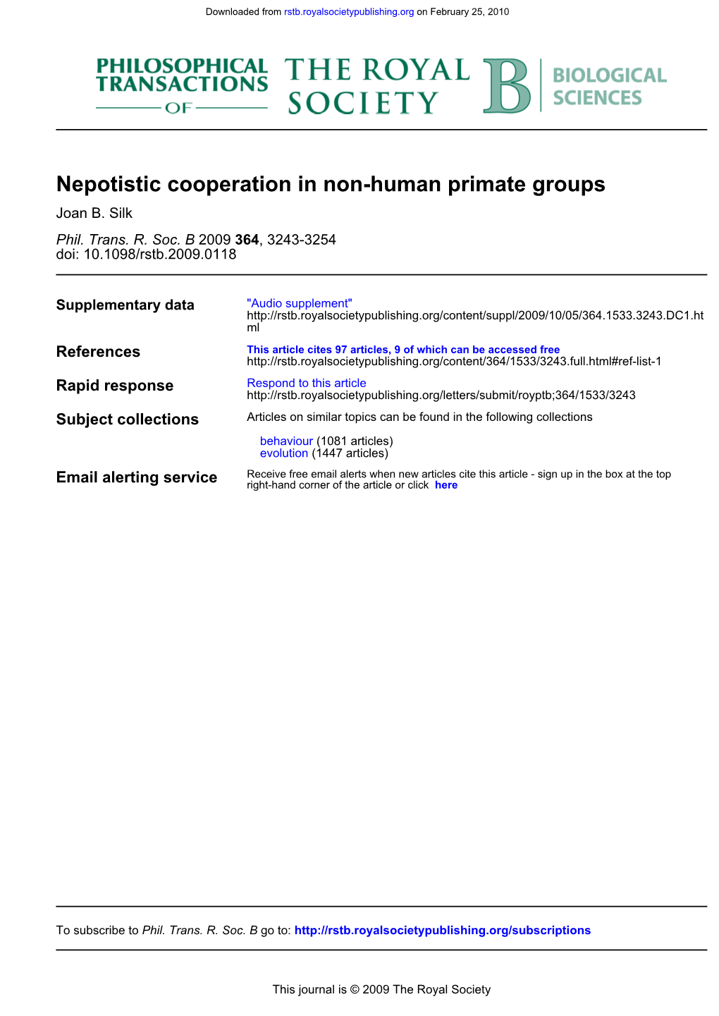 Nepotistic Cooperation in Non-Human Primate Groups