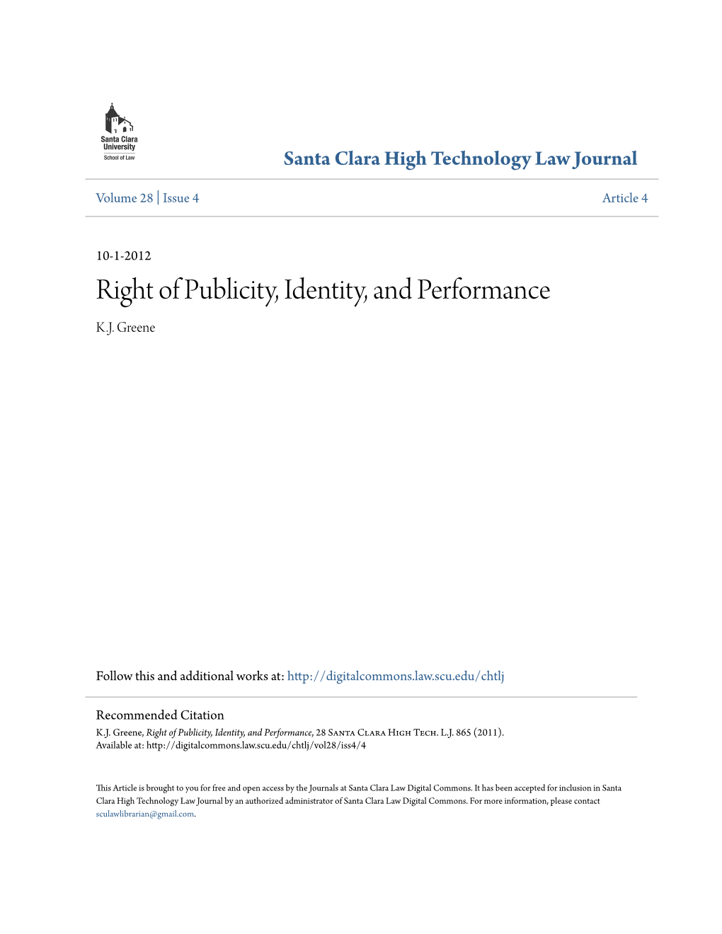 Right of Publicity, Identity, and Performance K.J