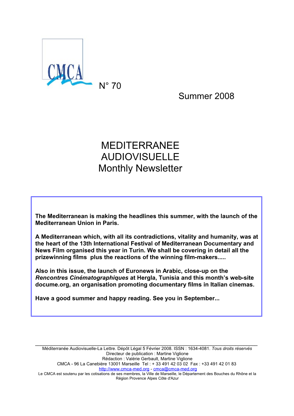 MEDITERRANEE AUDIOVISUELLE Monthly Newsletter