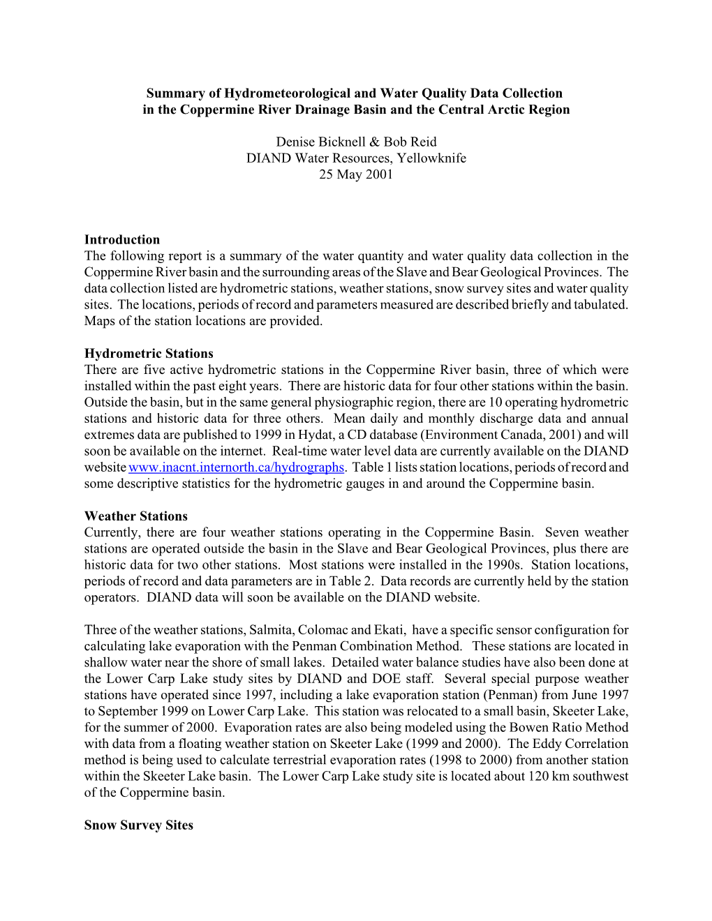 Summary of Hydrometeorological and Water Quality Data Collection in the Coppermine River Drainage Basin and the Central Arctic Region