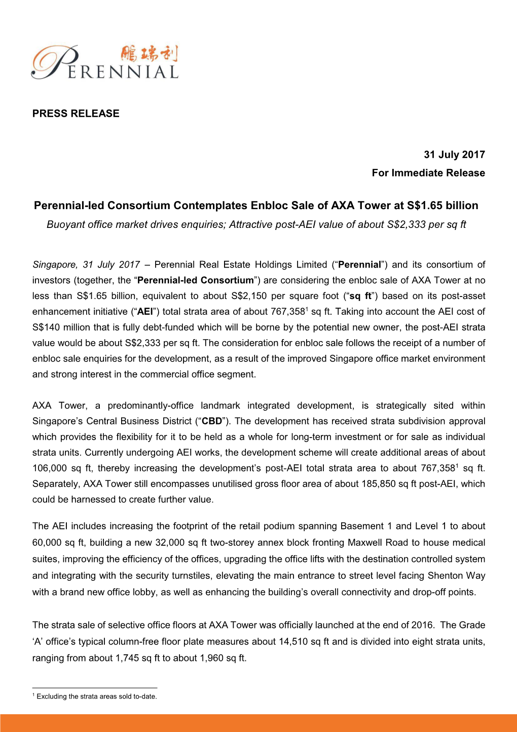 Perennial-Led Consortium Contemplates Enbloc Sale of AXA Tower at S$1.65 Billion