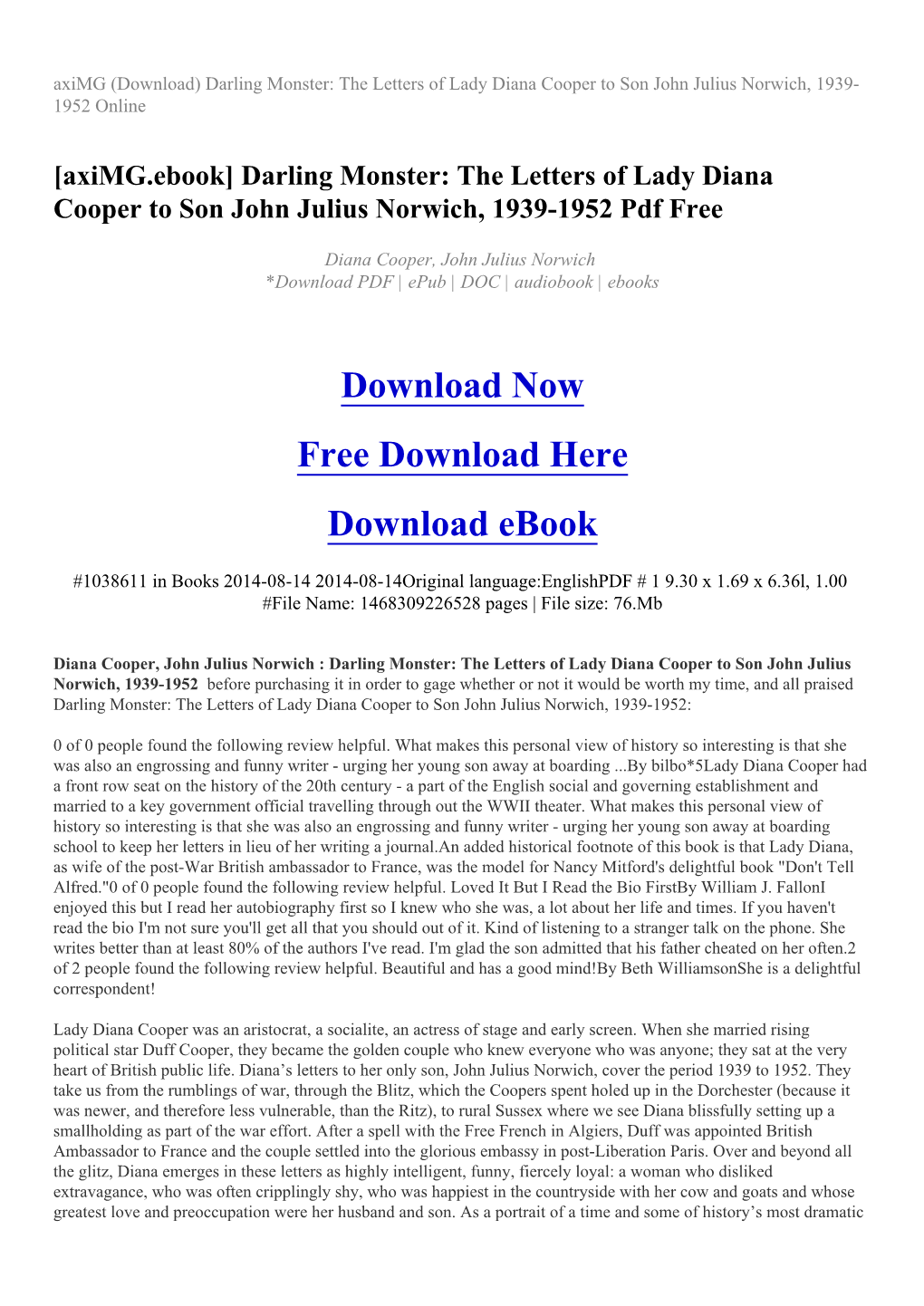 The Letters of Lady Diana Cooper to Son John Julius Norwich, 1939-1952 Pdf Free