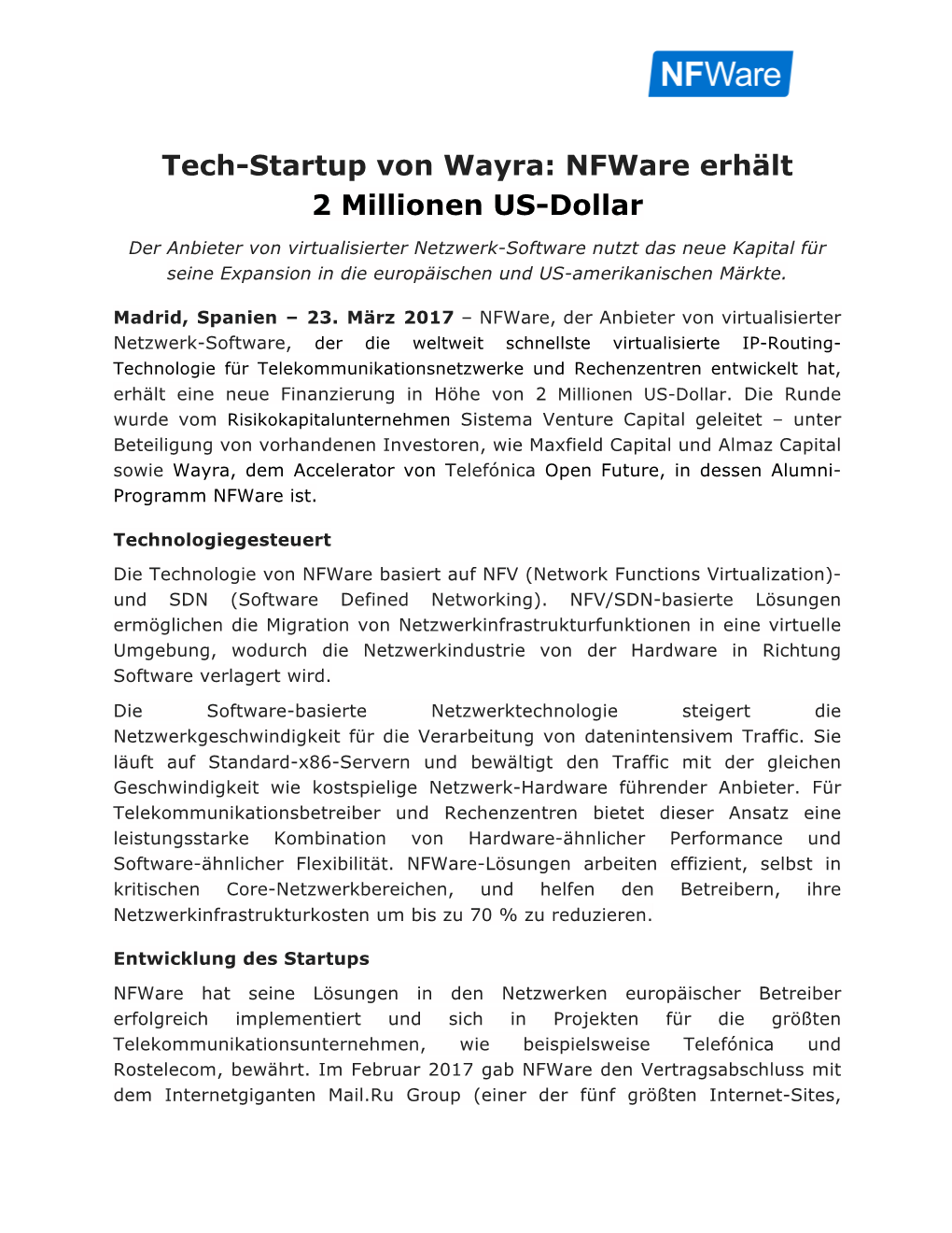 Tech-Startup Von Wayra: Nfware Erhält 2 Millionen US-Dollar