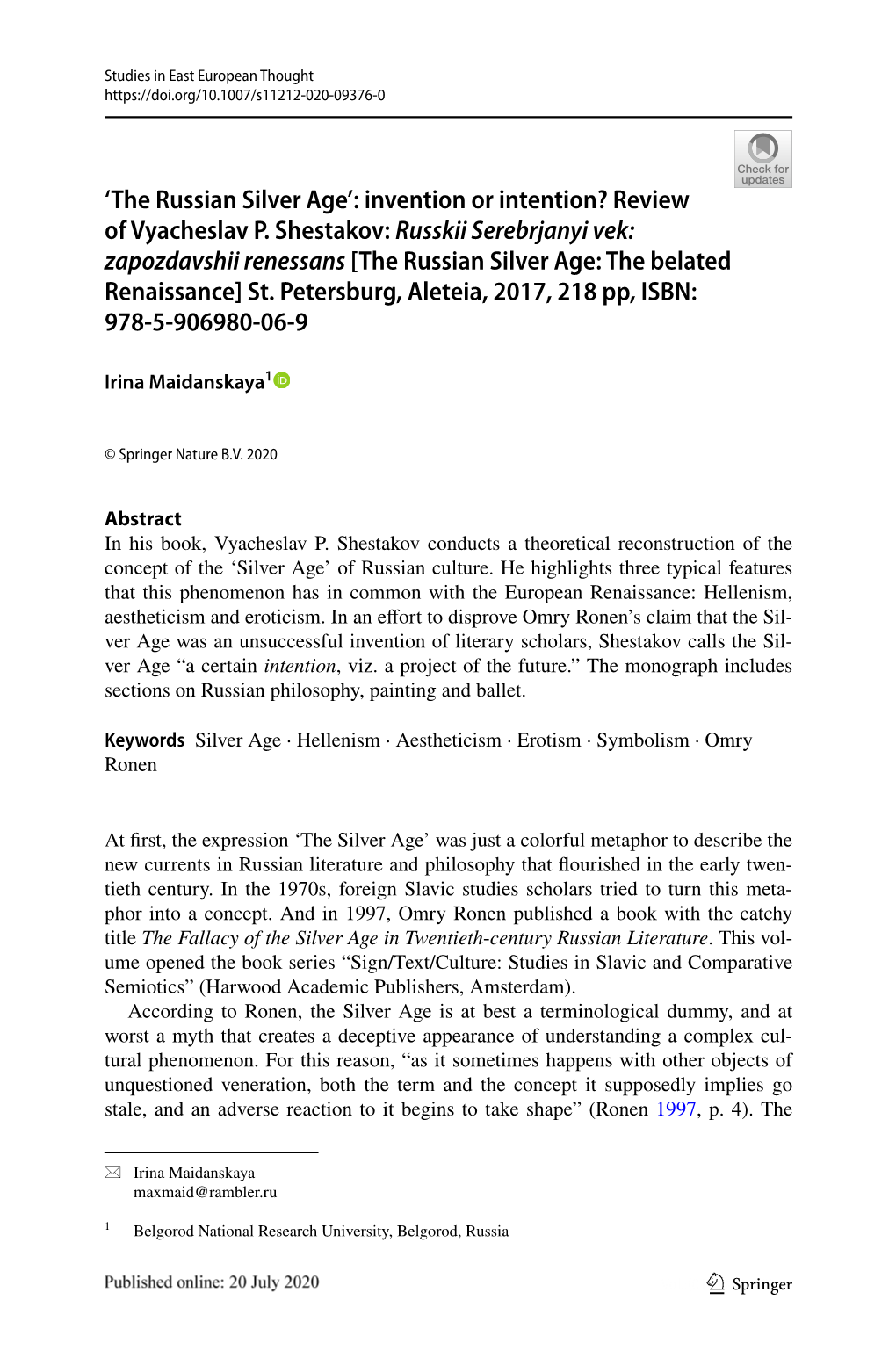 'The Russian Silver Age': Invention Or Intention? Review of Vyacheslav P