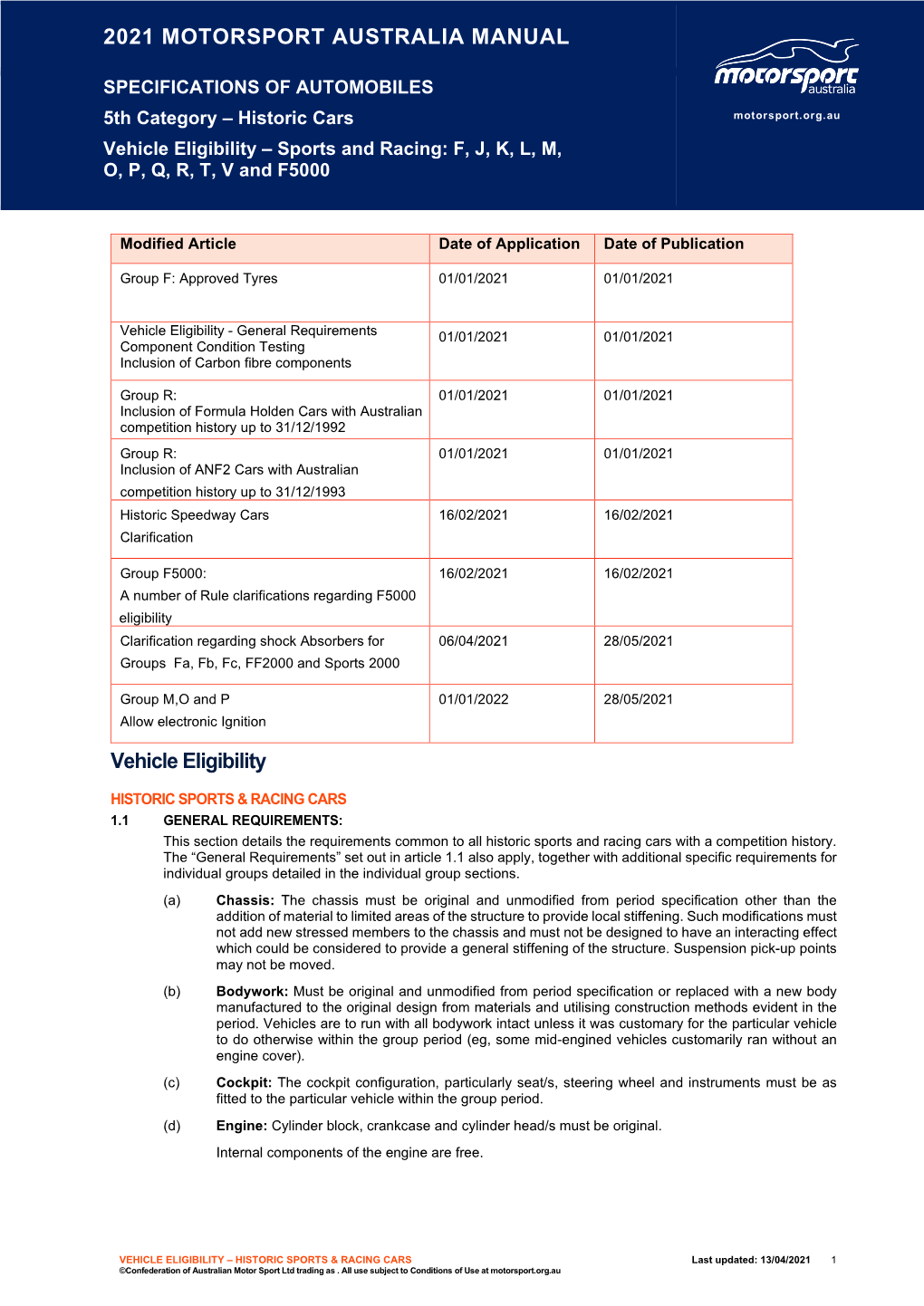 2021 MOTORSPORT AUSTRALIA MANUAL Vehicle Eligibility