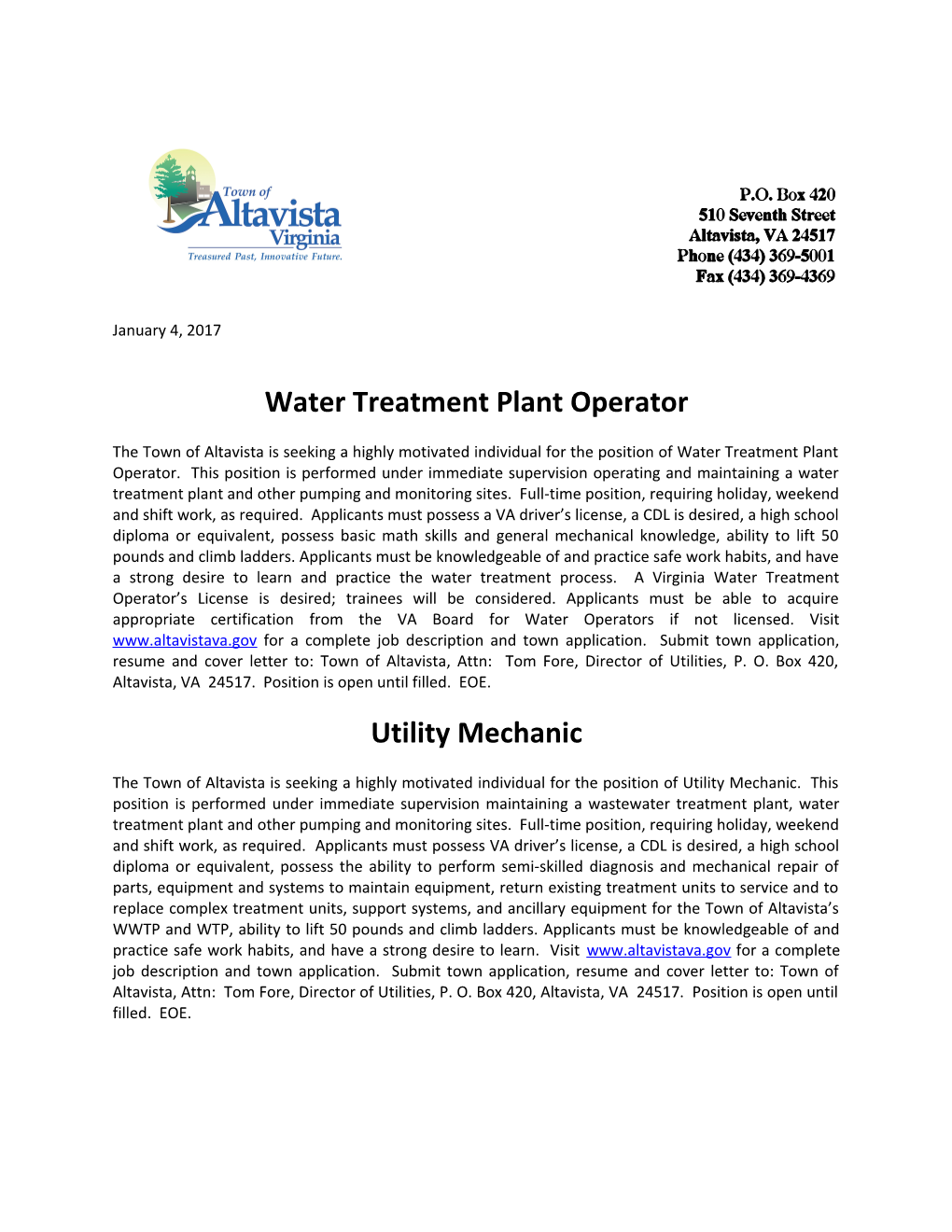 Water Treatment Plant Operator