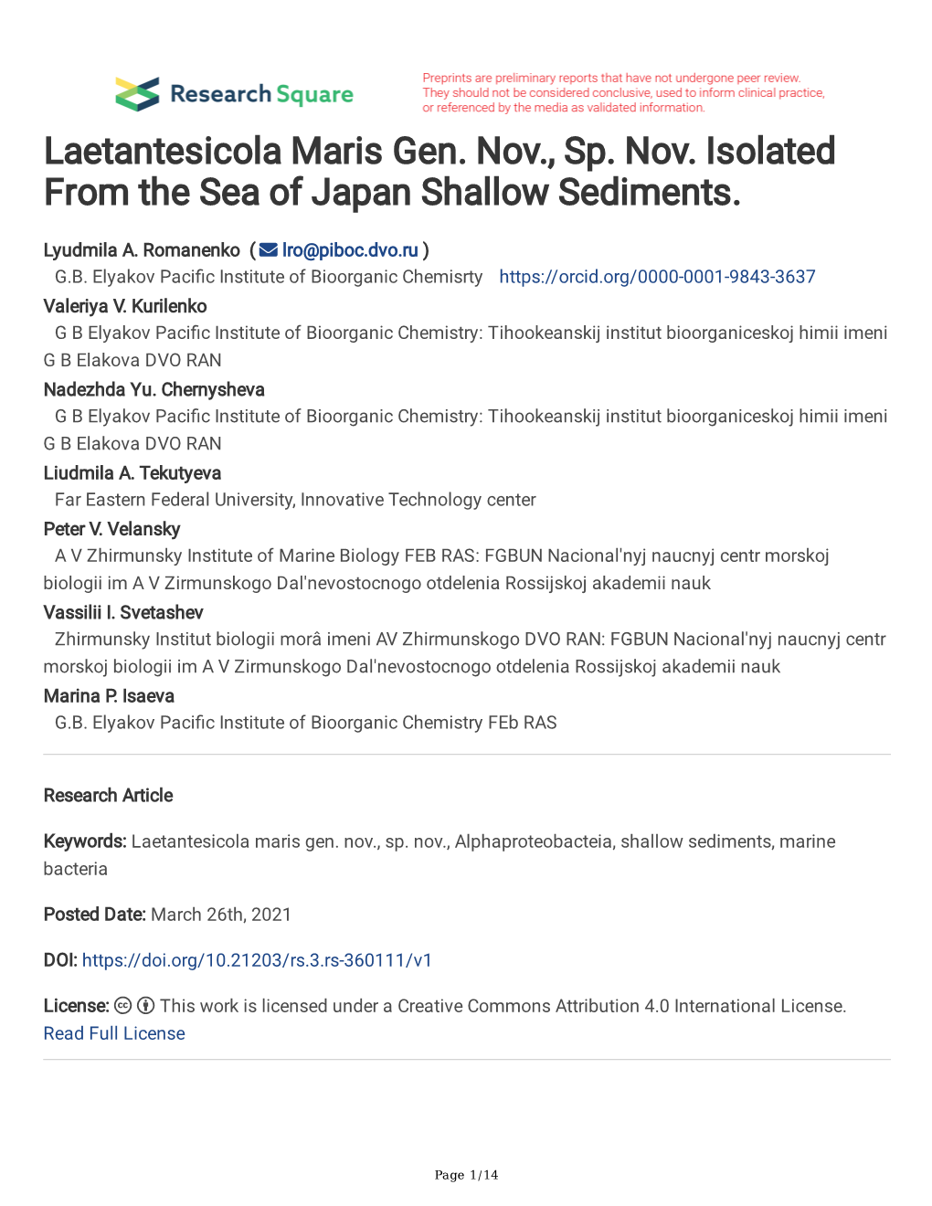 Laetantesicola Maris Gen. Nov., Sp. Nov. Isolated from the Sea of Japan Shallow Sediments