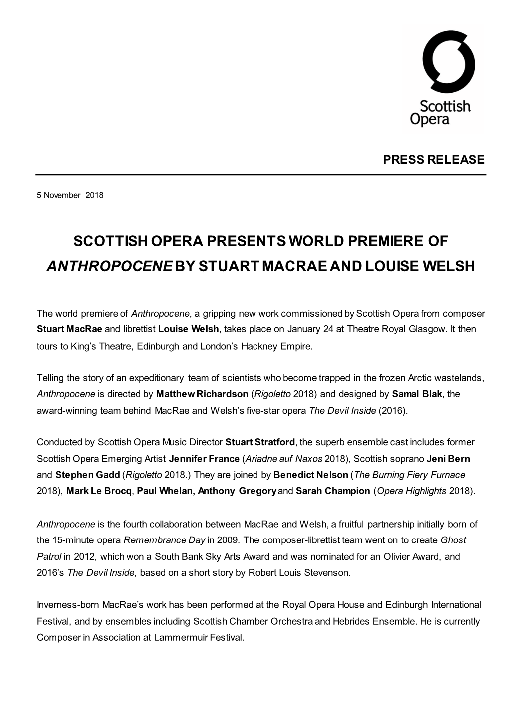 Scottish Opera Presents World Premiere of Anthropocene by Stuart Macrae and Louise Welsh