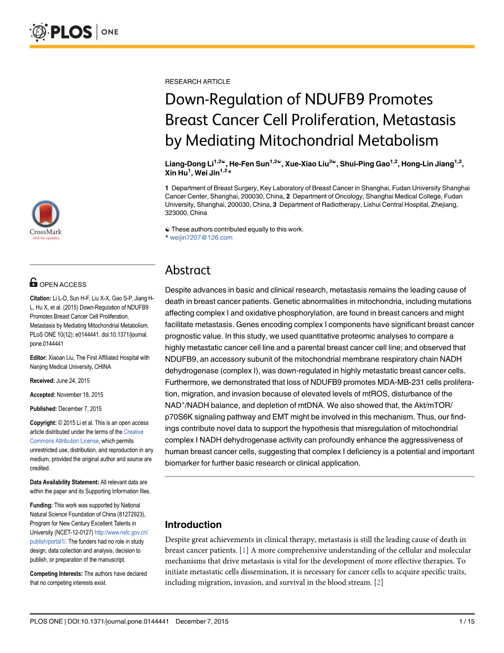 Down-Regulation of NDUFB9 Promotes Breast Cancer Cell Proliferation, Metastasis by Mediating Mitochondrial Metabolism