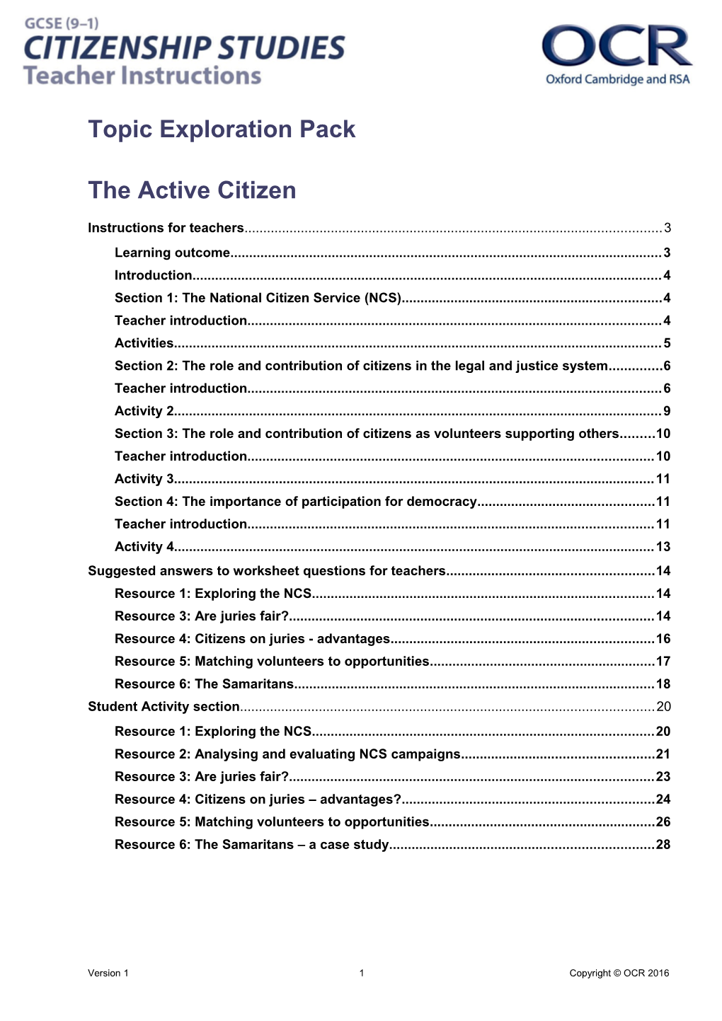 OCR GCSE (9-1) Citizenship Studies Topic Exploration Pack - the Active Citizen