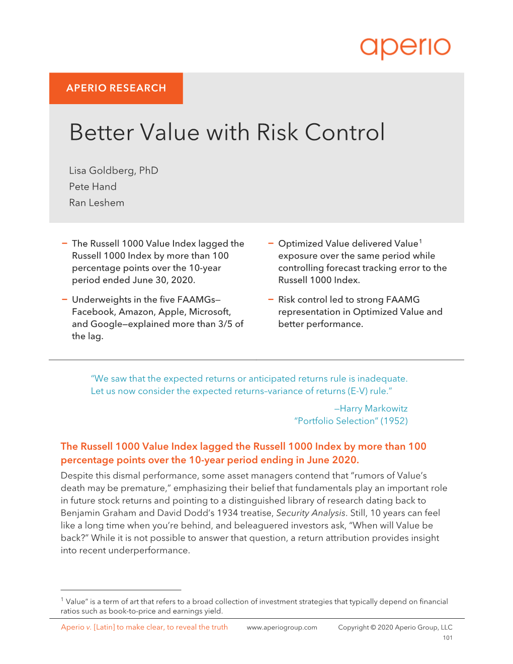Better Value with Risk Control