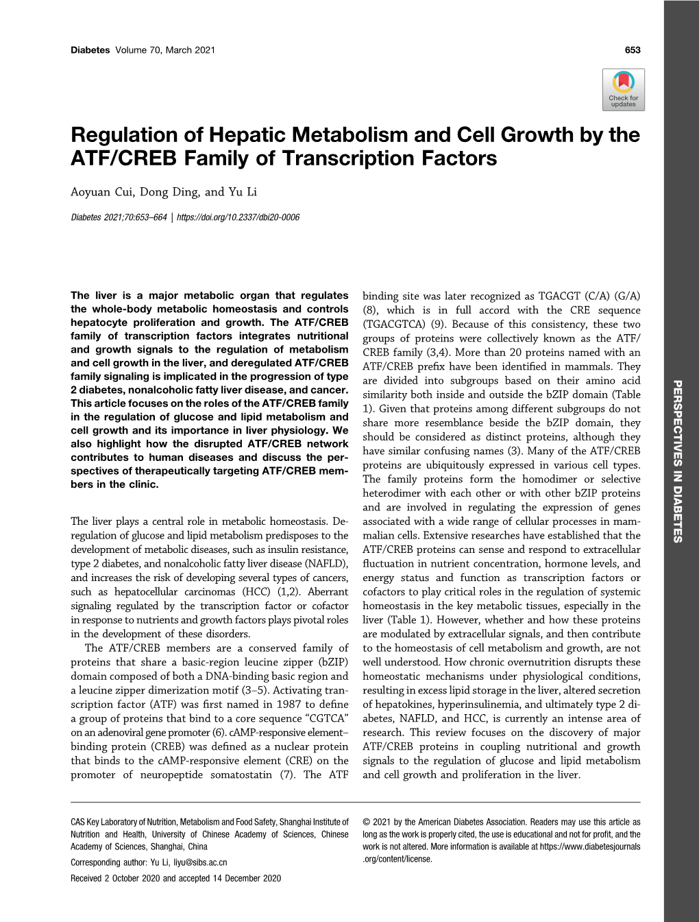 Regulation of Hepatic Metabolism and Cell Growth by the ATF/CREB Family of Transcription Factors