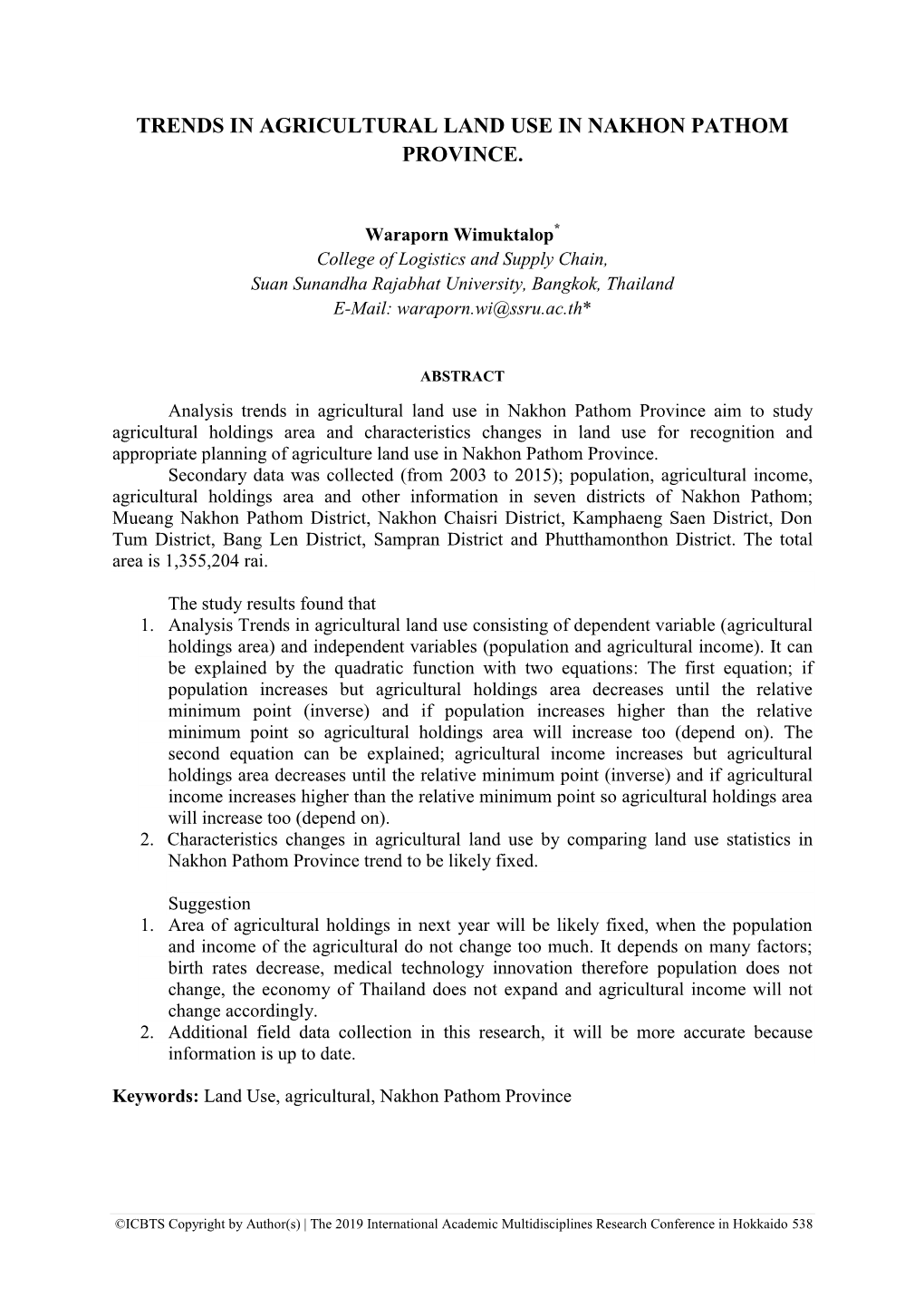 Trends in Agricultural Land Use in Nakhon Pathom Province