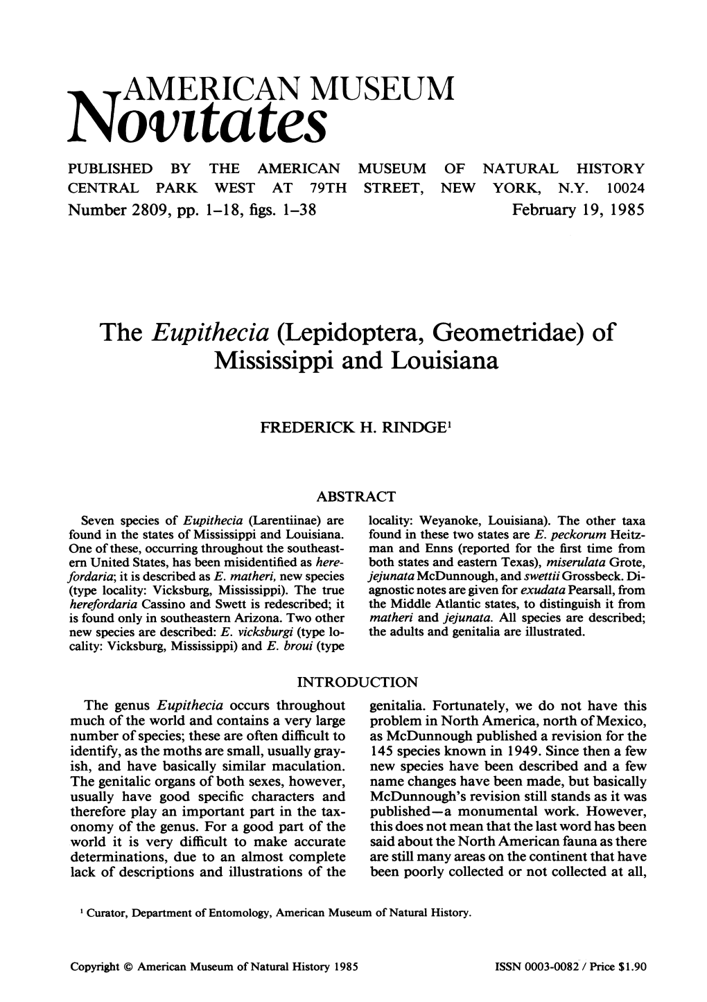 The Eupithecia (Lepidoptera, Geometridae) of Mississippi and Louisiana