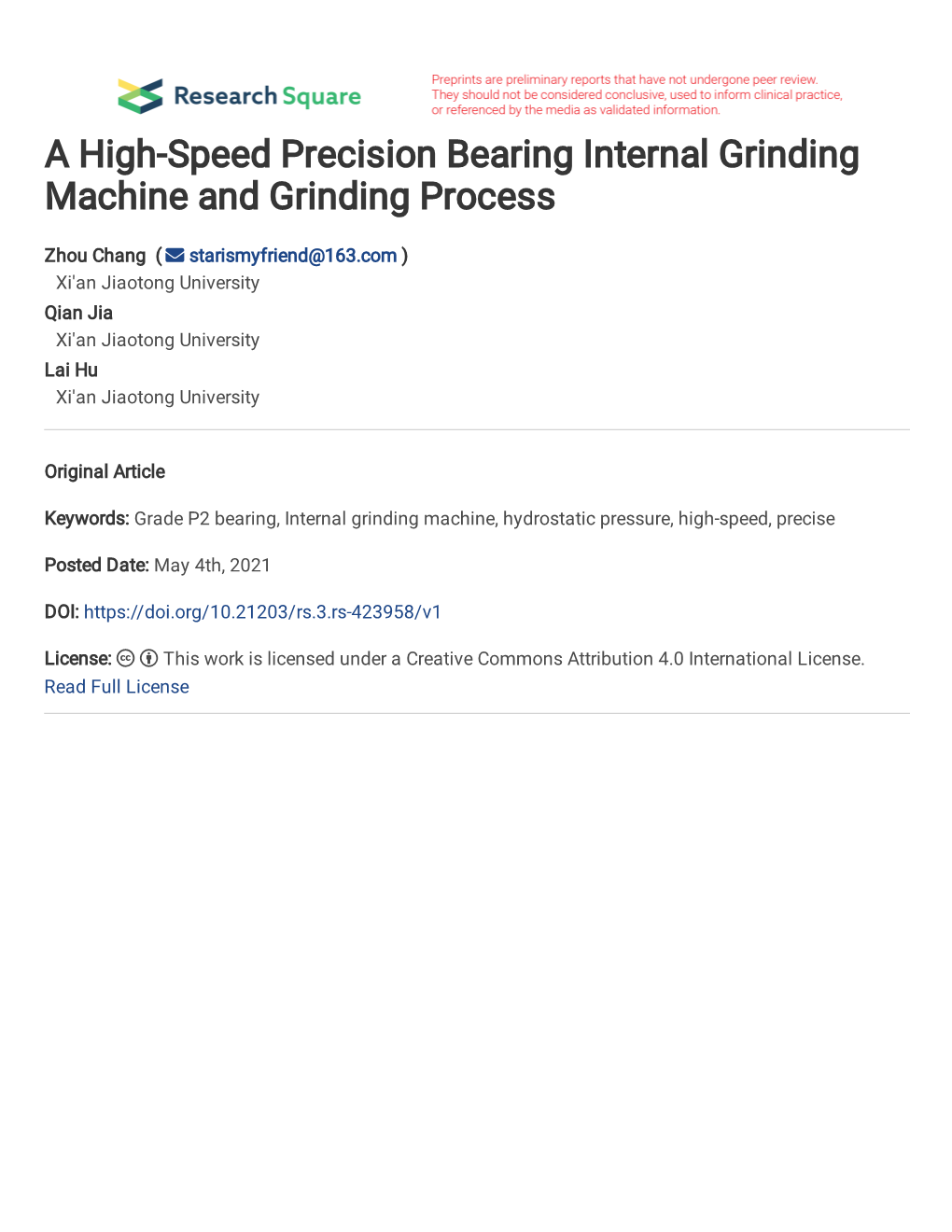 A High-Speed Precision Bearing Internal Grinding Machine and Grinding Process