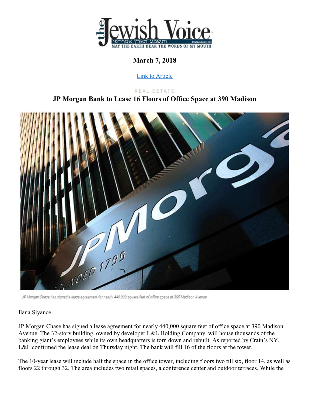 March 7, 2018 the JEWISH VOICE JP Morgan Bank to Lease 16 Floors of Office Space