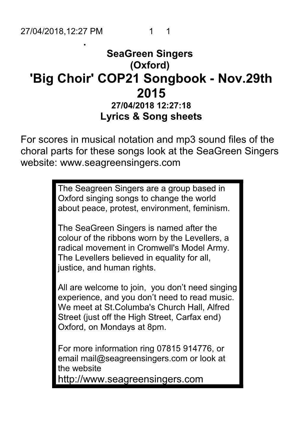 Seagreen Singers (Oxford) Lyrics & Song Sheets s1