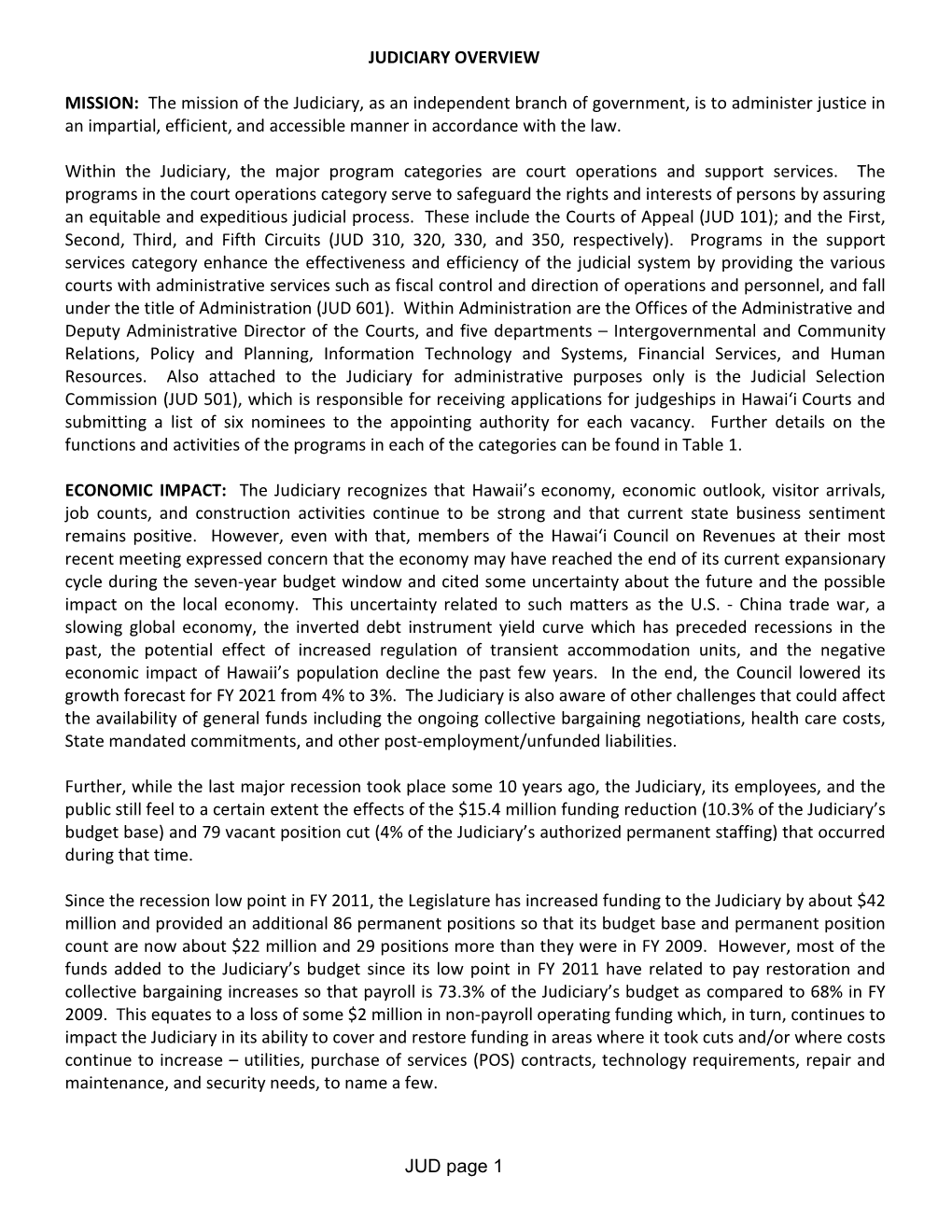 JUD Page 1 JUDICIARY OVERVIEW MISSION