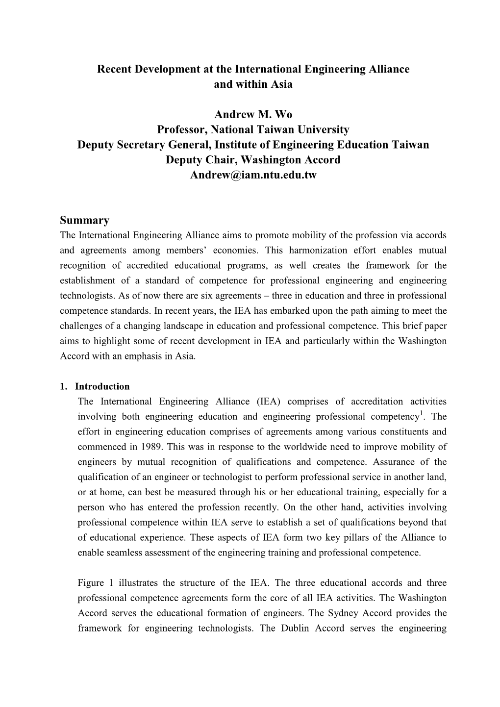 Recent Development at the International Engineering Alliance and Within Asia