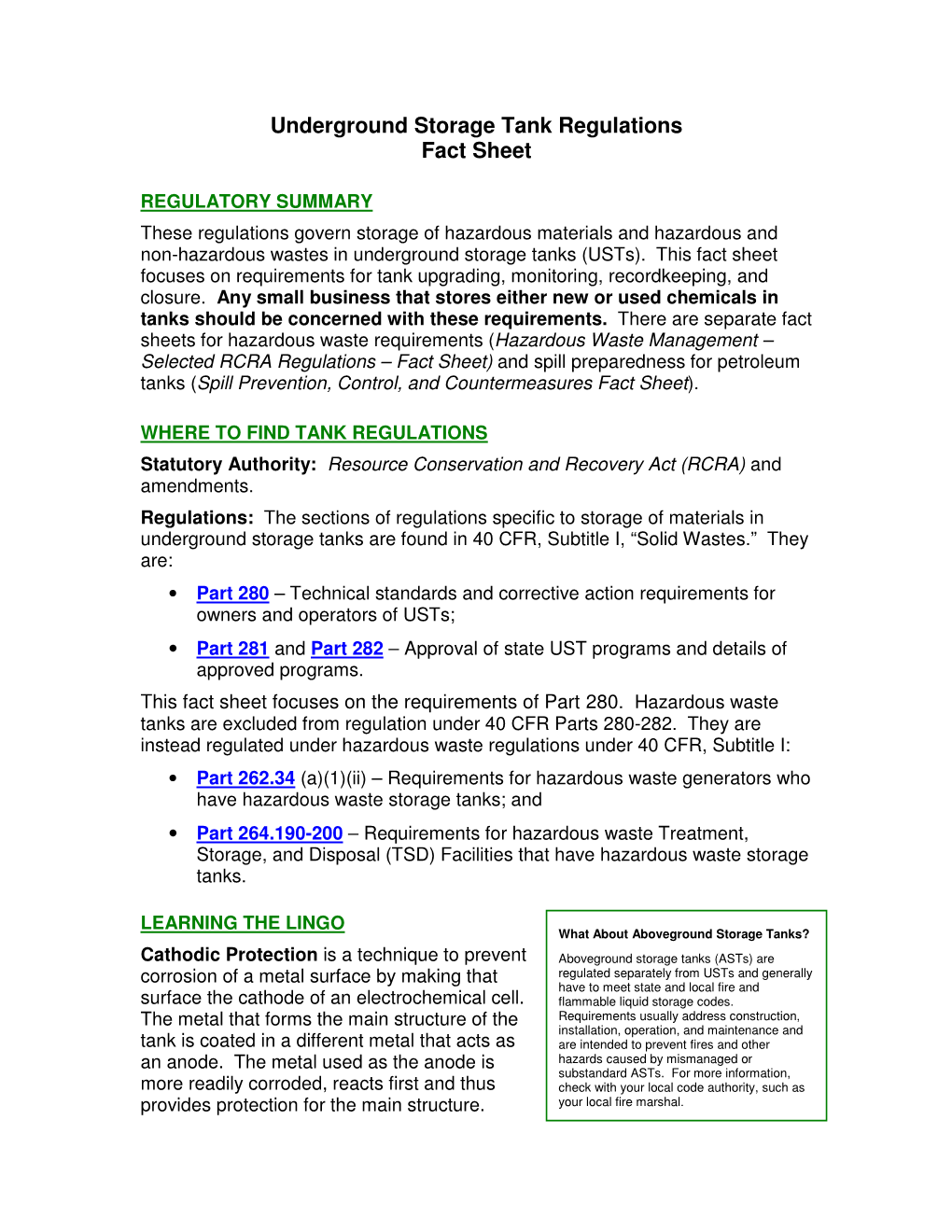 Underground Storage Tank Regulations Fact Sheet
