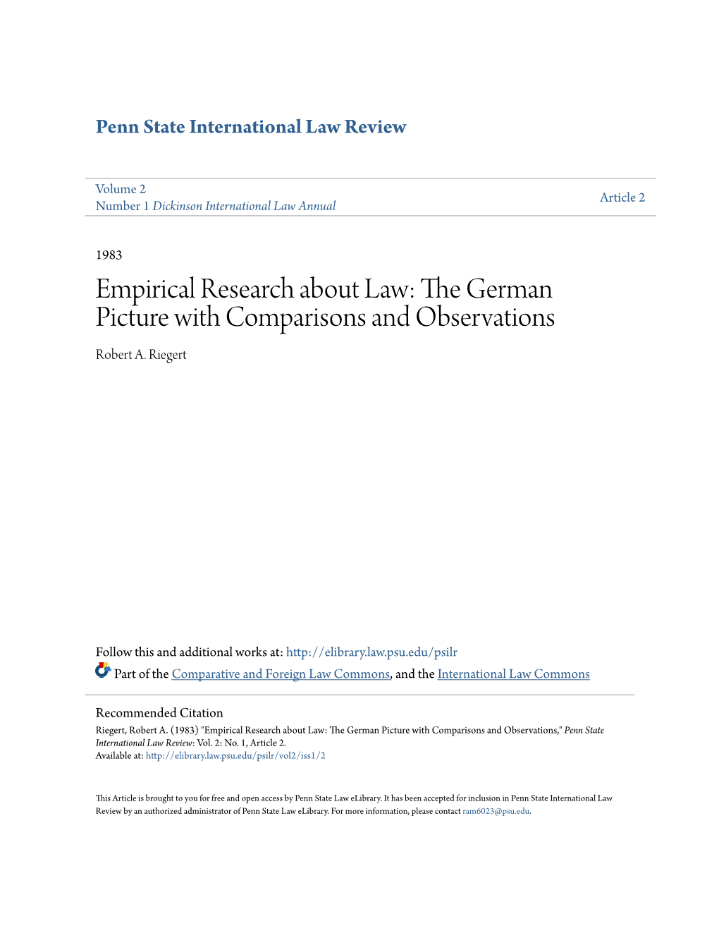 Empirical Research About Law: the German Picture with Comparisons and Observations Robert A