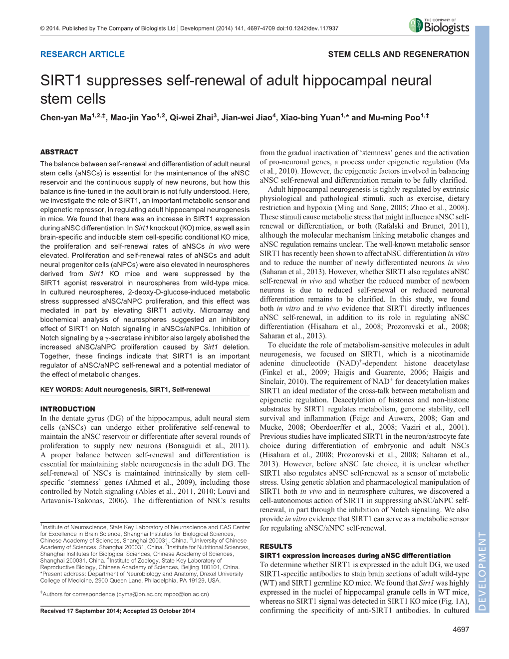 SIRT1 Suppresses Self-Renewal of Adult Hippocampal Neural Stem Cells