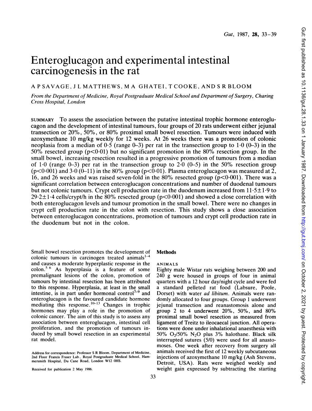 Enteroglucagon and Experimental Intestinal Carcinogenesis in the Rat