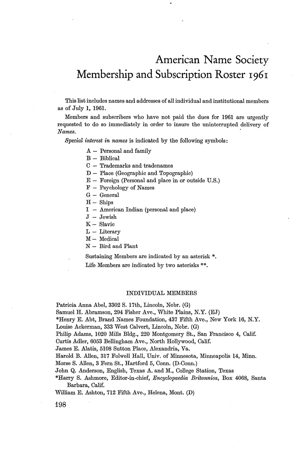 American Name Society Membership and Subscription Roster 1961