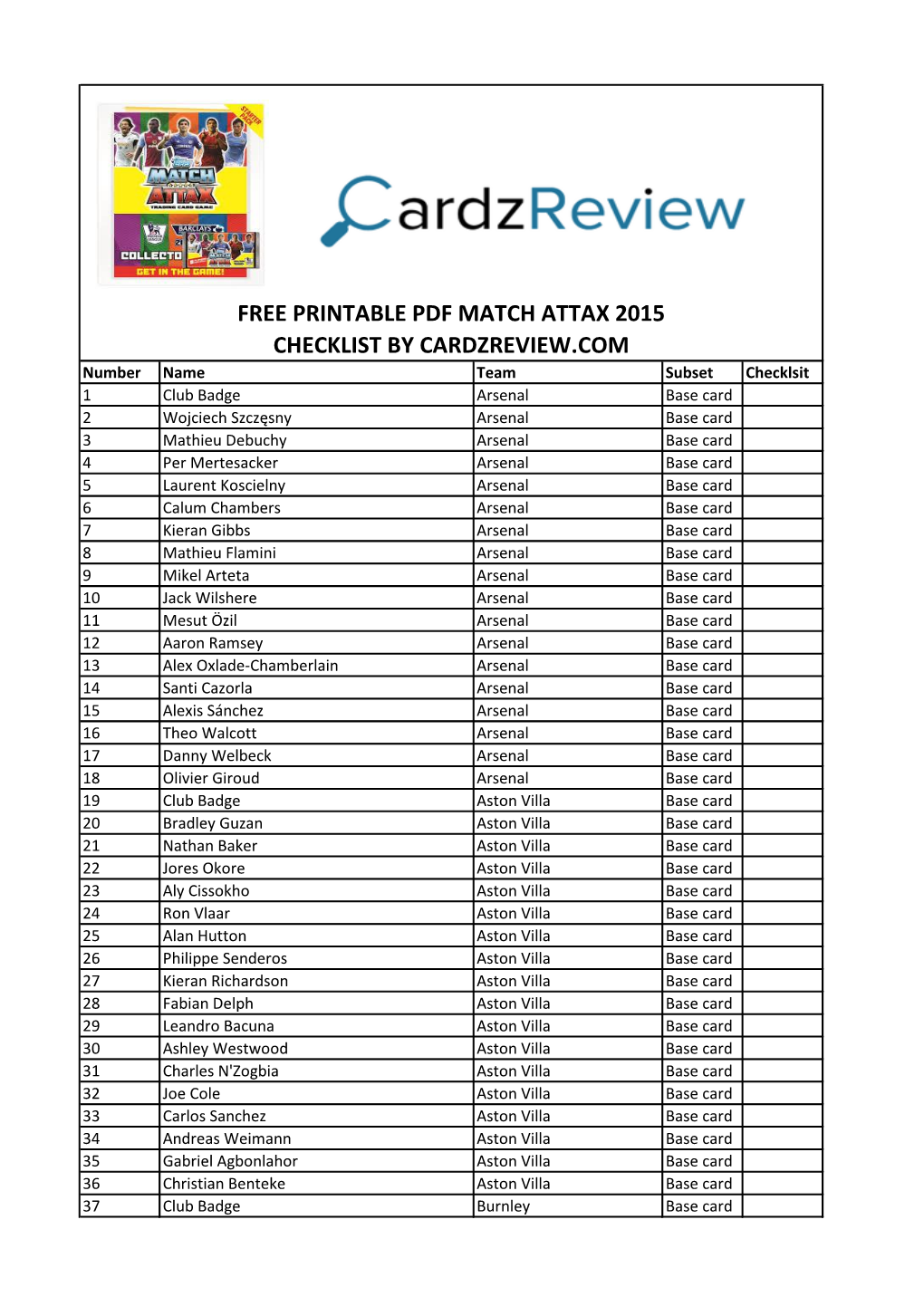 Free Printable Pdf Match Attax 2015 Checklist By