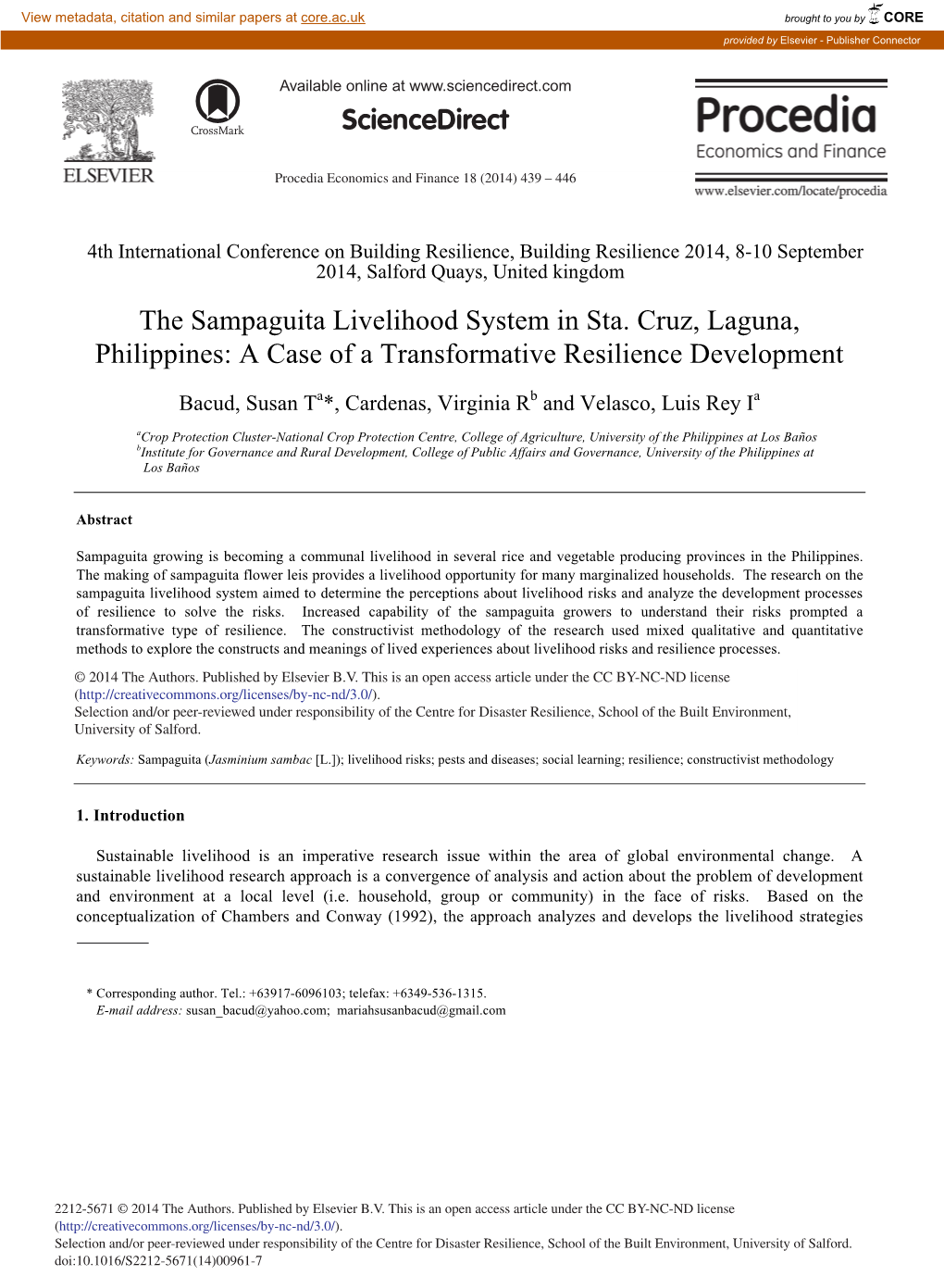 The Sampaguita Livelihood System in Sta. Cruz, Laguna, Philippines: a Case of a Transformative Resilience Development