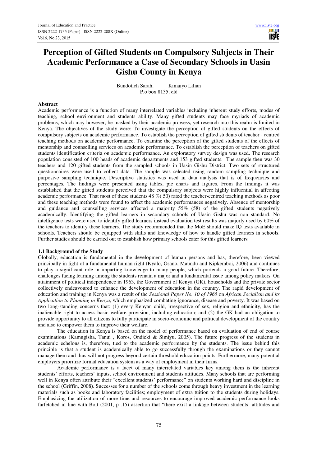 Perception of Gifted Students on Compulsory Subjects in Their Academic Performance a Case of Secondary Schools in Uasin Gishu County in Kenya