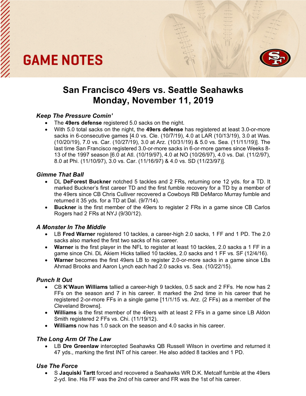 San Francisco 49Ers Vs. Seattle Seahawks Monday, November 11, 2019