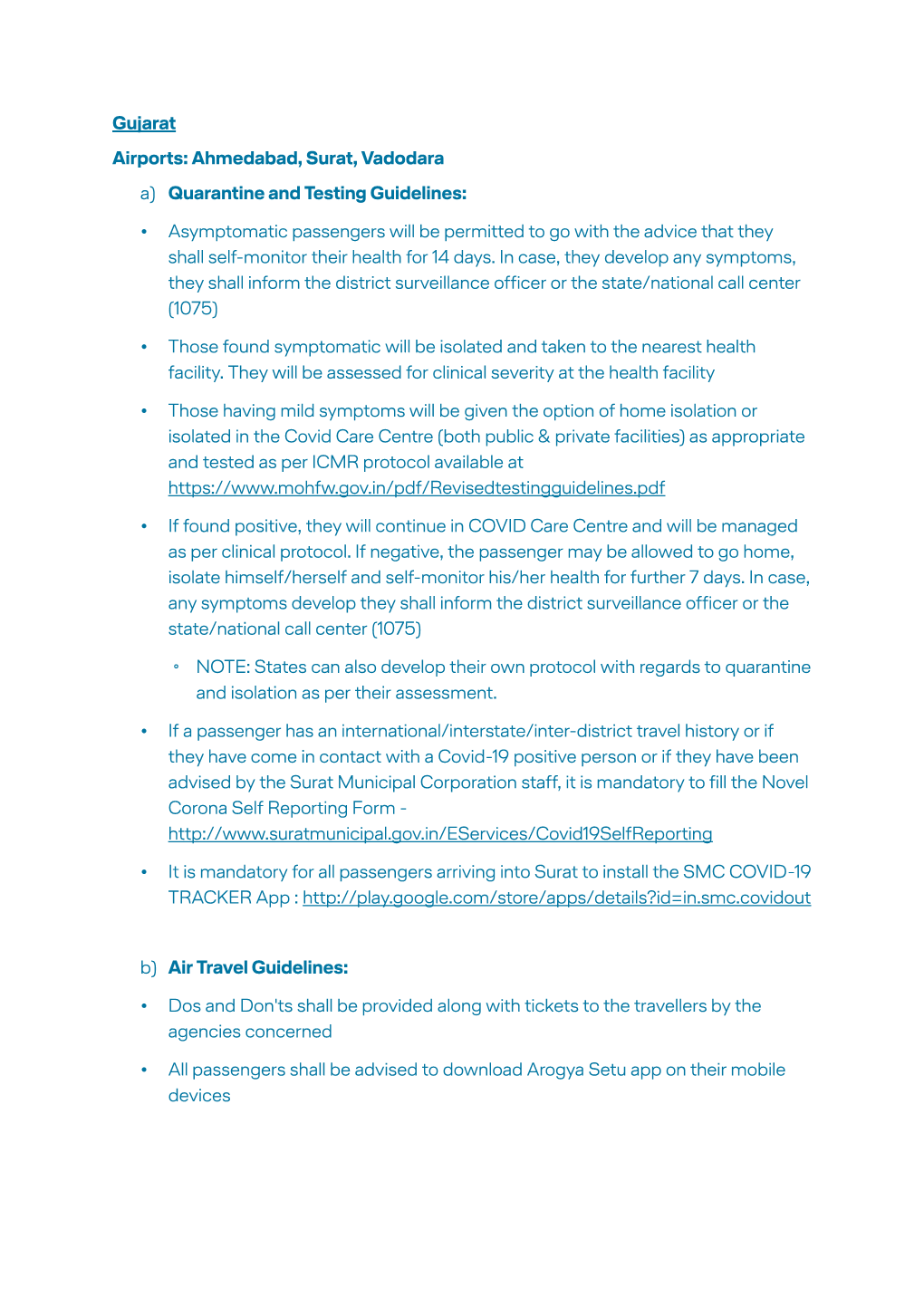 Ahmedabad, Surat, Vadodara A) Quarantine and Testing Guidelines