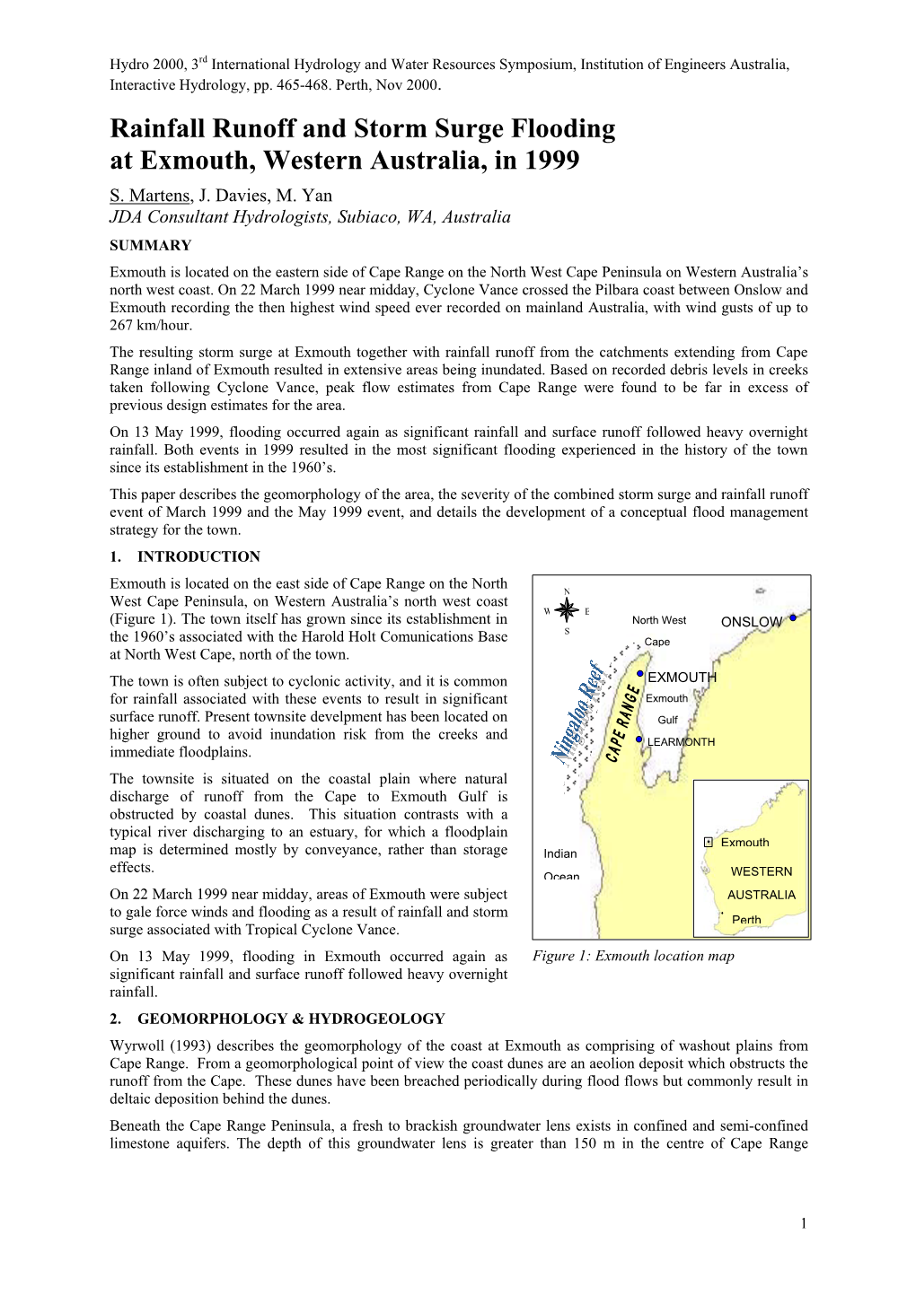 Rainfall Runoff and Storm Surge Flooding at Exmouth, Western Australia, in 1999 S