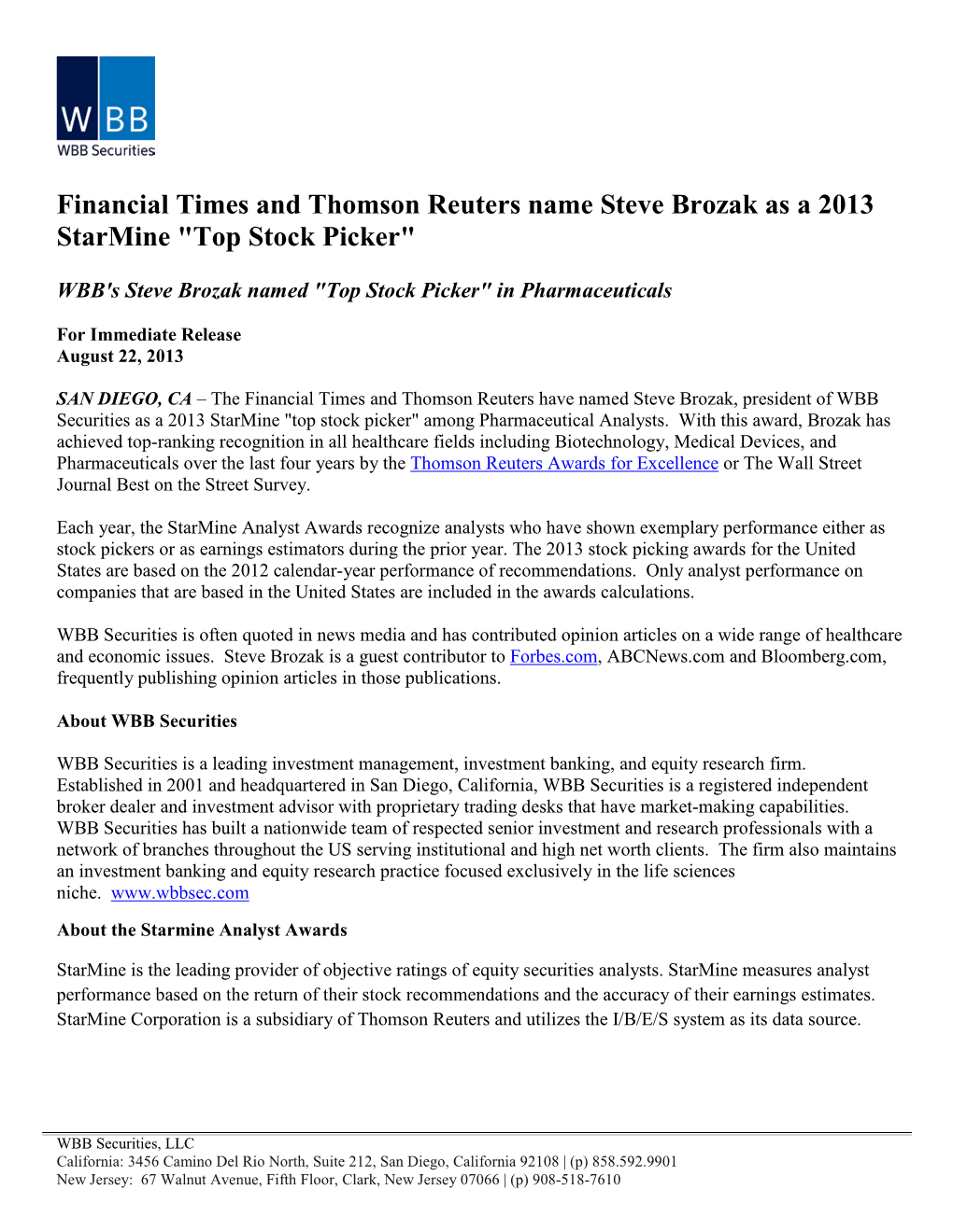 Financial Times and Thomson Reuters Name Steve Brozak As a 2013 Starmine 