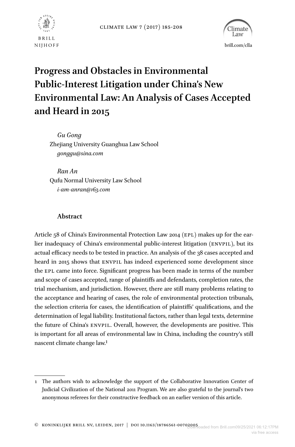 Progress and Obstacles in Environmental Public-Interest Litigation Under China’S New Environmental Law: an Analysis of Cases Accepted and Heard in 2015