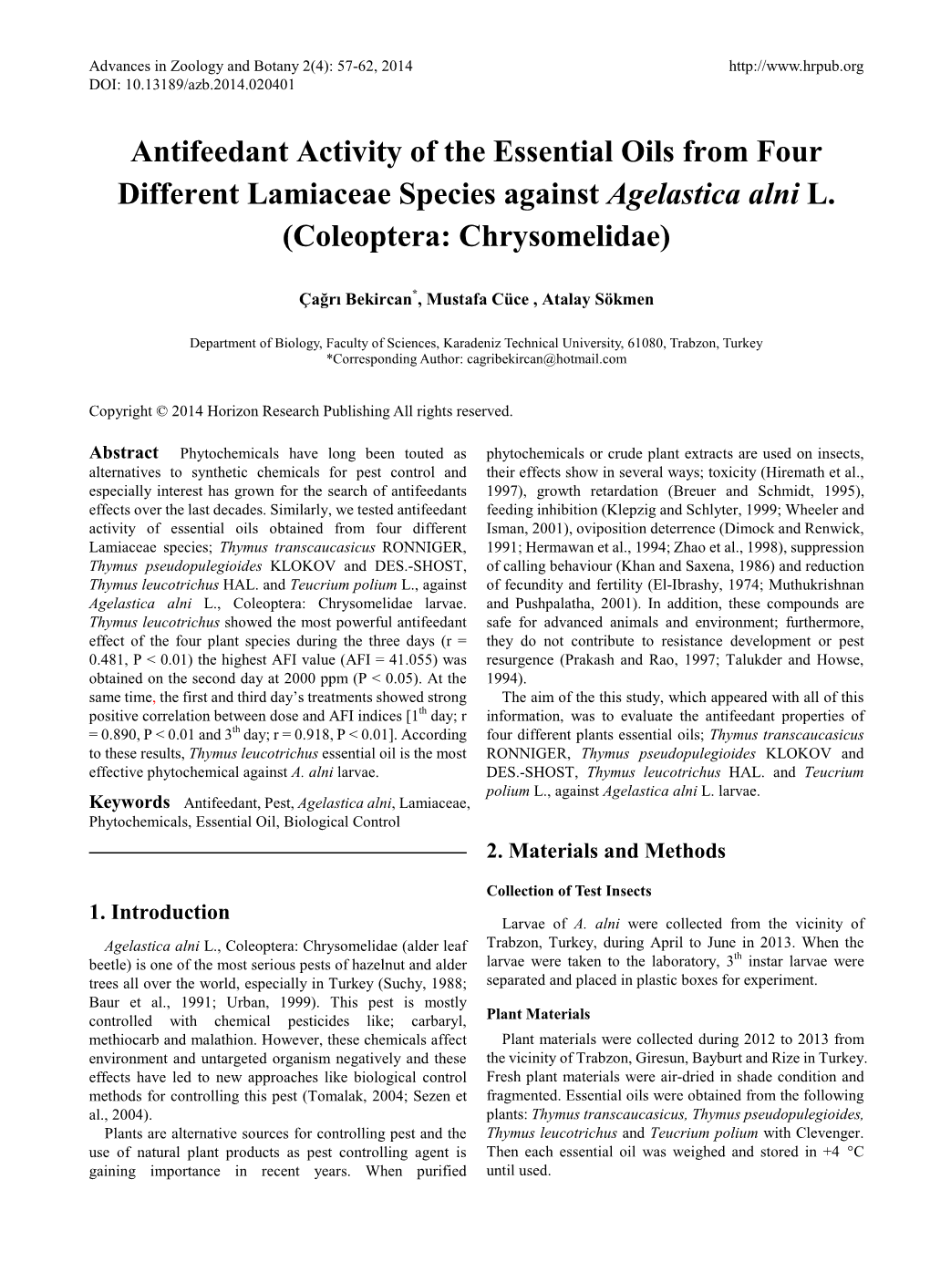 Antifeedant Activity of the Essential Oils from Four Different Lamiaceae Species Against Agelastica Alni L