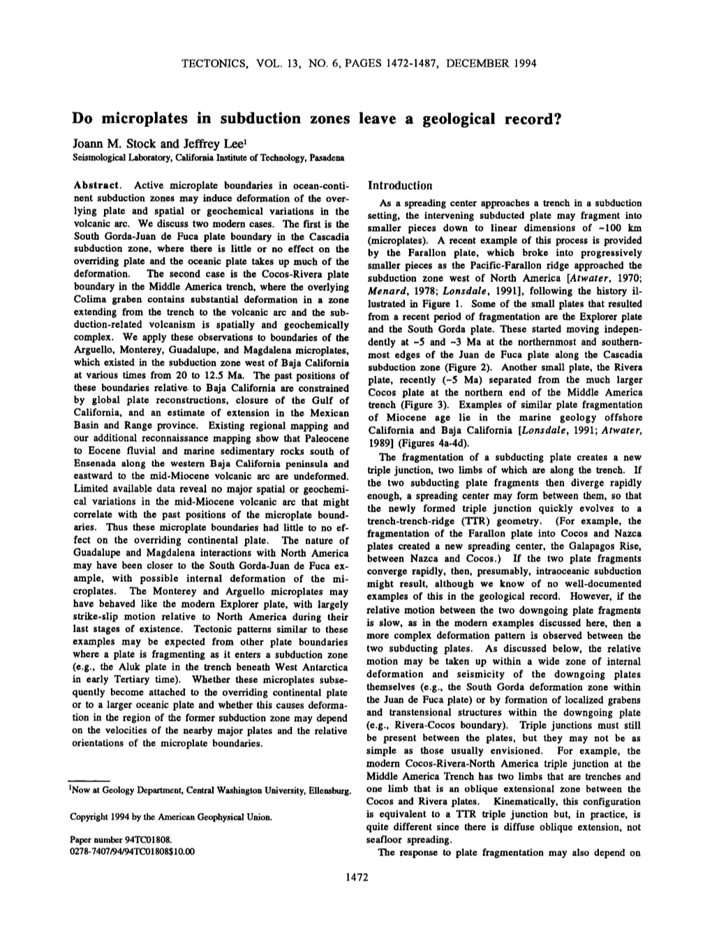 Do Microplates in Subduction Zones Leave a Geological Record? Joannm