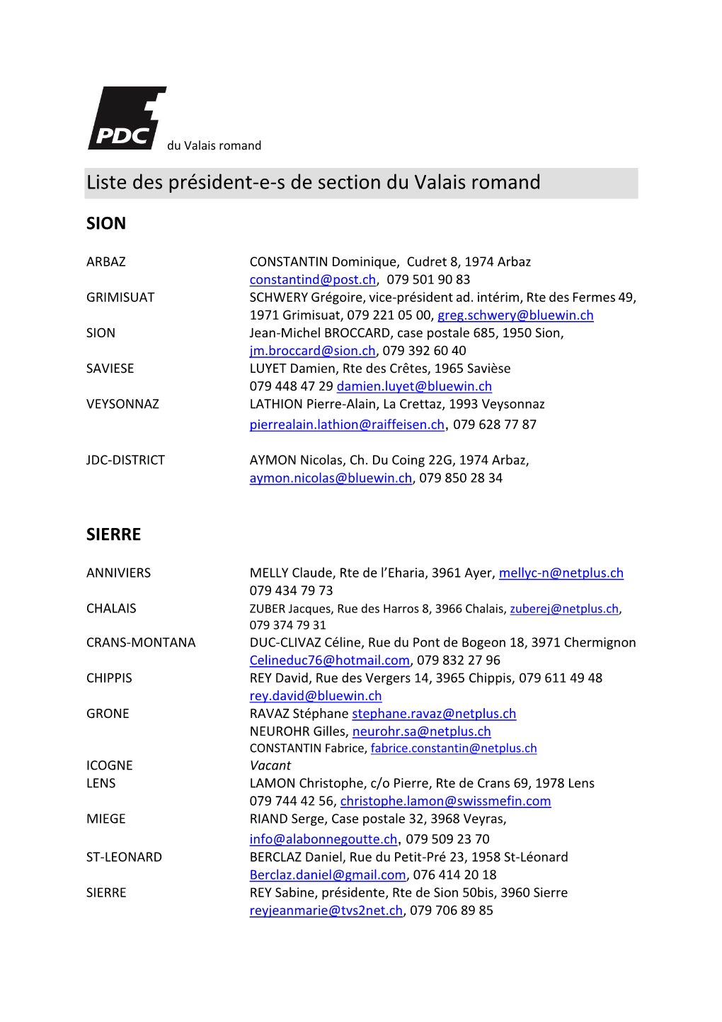 Liste Des Président-E-S De Section Du Valais Romand