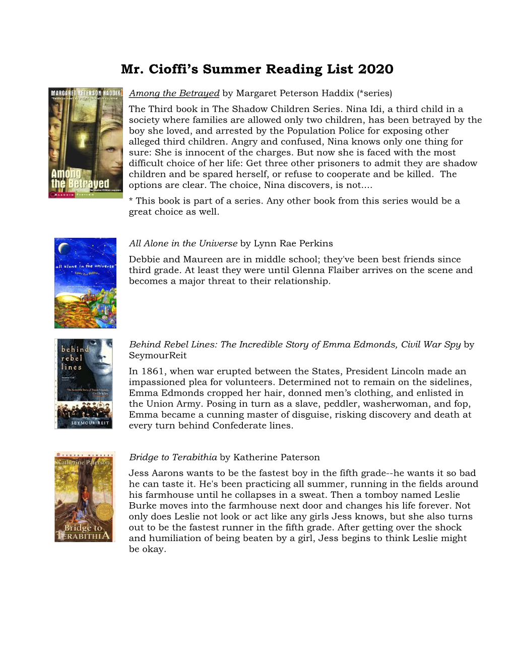 Mr. Cioffi's Summer Reading List 2020